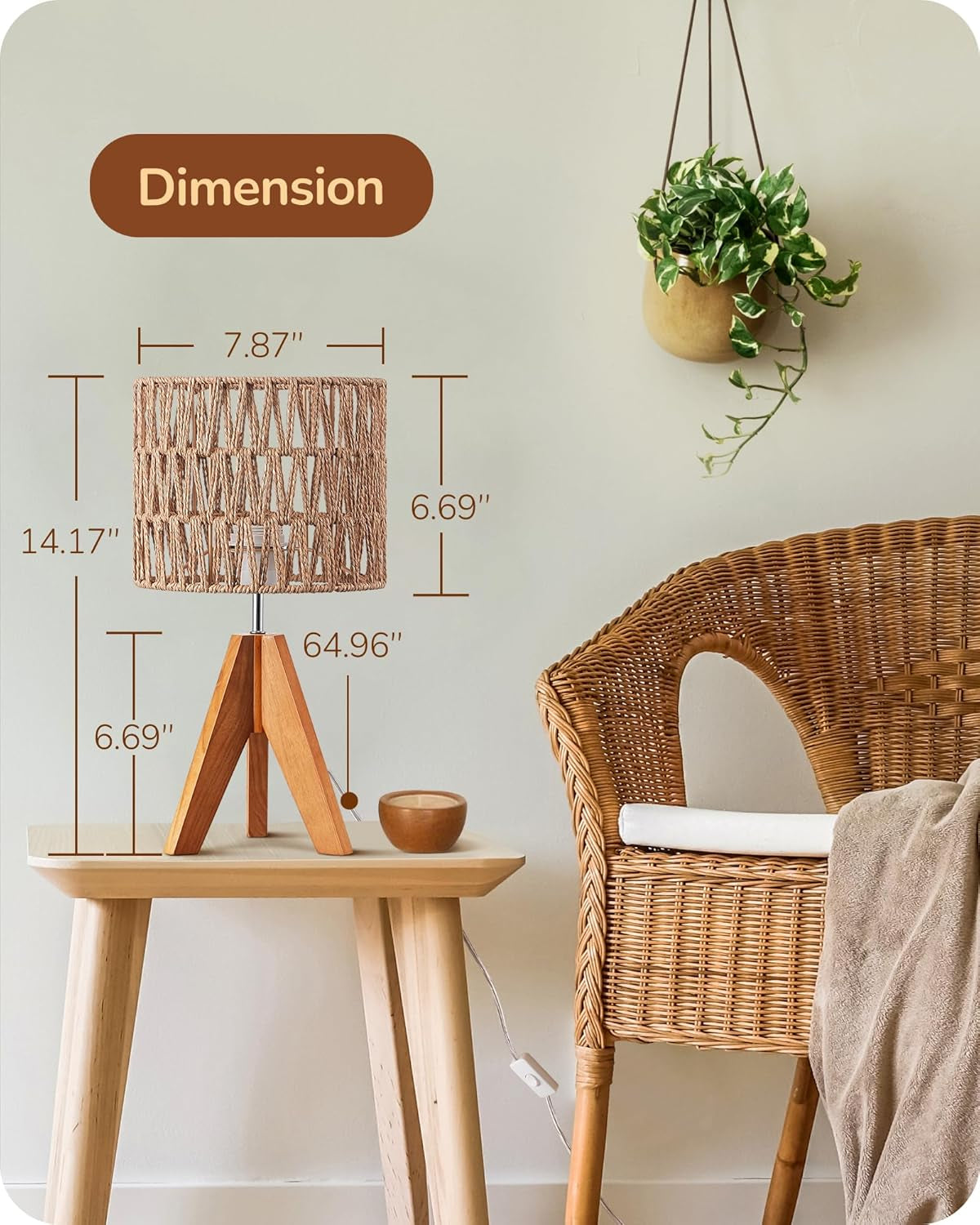 Small Table Lamp, Rattan Wood Tripod Bedside Lamp, Boho Nightstand Lamp for Living Room, End Table, Office, E26 Base, Natural Style
