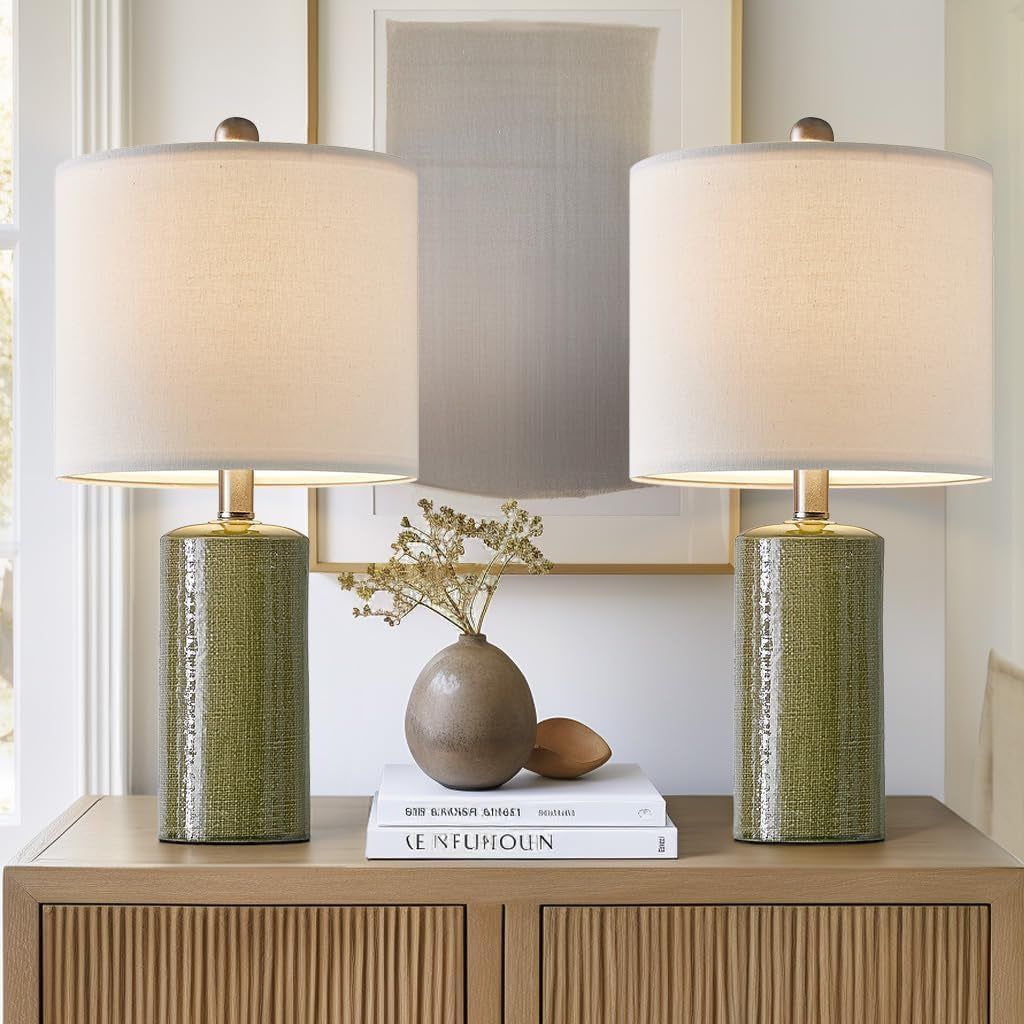 20.25" Small Table Lamps Set of 2 Modern Ceramic Lamps for Living Room Farmhouse Bedside Lamps Boho Lamps for Night Stands Green Bedroom Lamps Side Table Lamps End Table Lamps