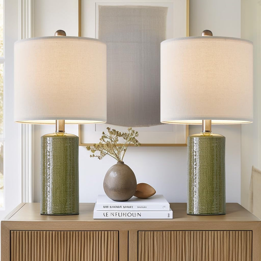 20.25" Small Table Lamps Set of 2 Modern Ceramic Lamps for Living Room Farmhouse Bedside Lamps Boho Lamps for Night Stands Green Bedroom Lamps Side Table Lamps End Table Lamps