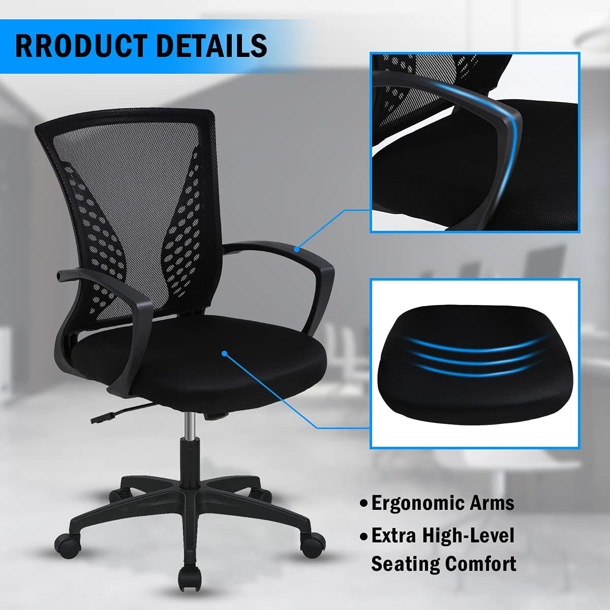 Ergonomic Office Chair Computer Desk Chair Mid Back Mesh Chair with Lumbar Support & Armrest, Adjustable Height Swivel Task Chair for Women Men Adult, Black