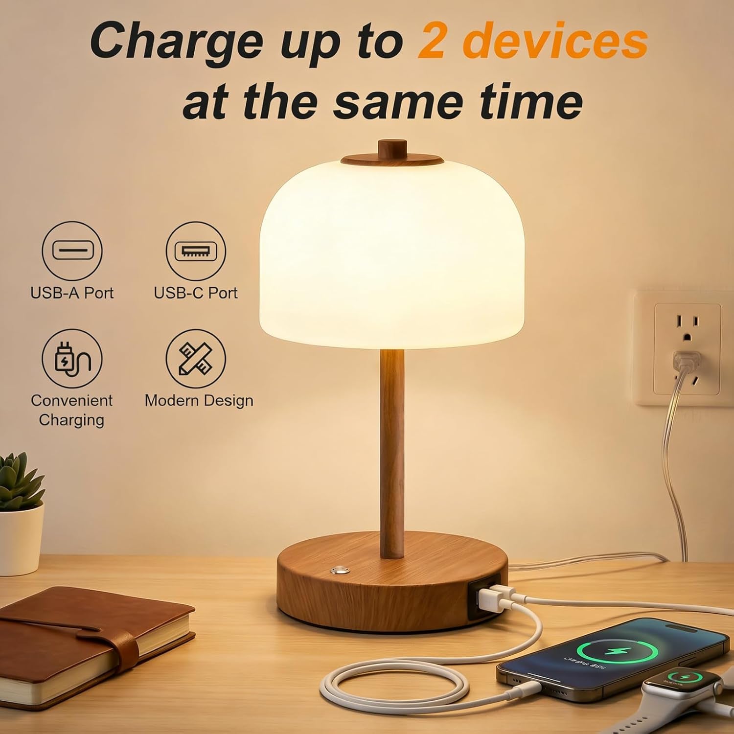 9.5" Corded Touch Control Table Lamp with USB A+C Charging Ports, Wood Grain Dimmable LED Bedside Lamp with 3 Color Temperatures, Small Modern Table Lamps for Bedroom Nightstand Living Room