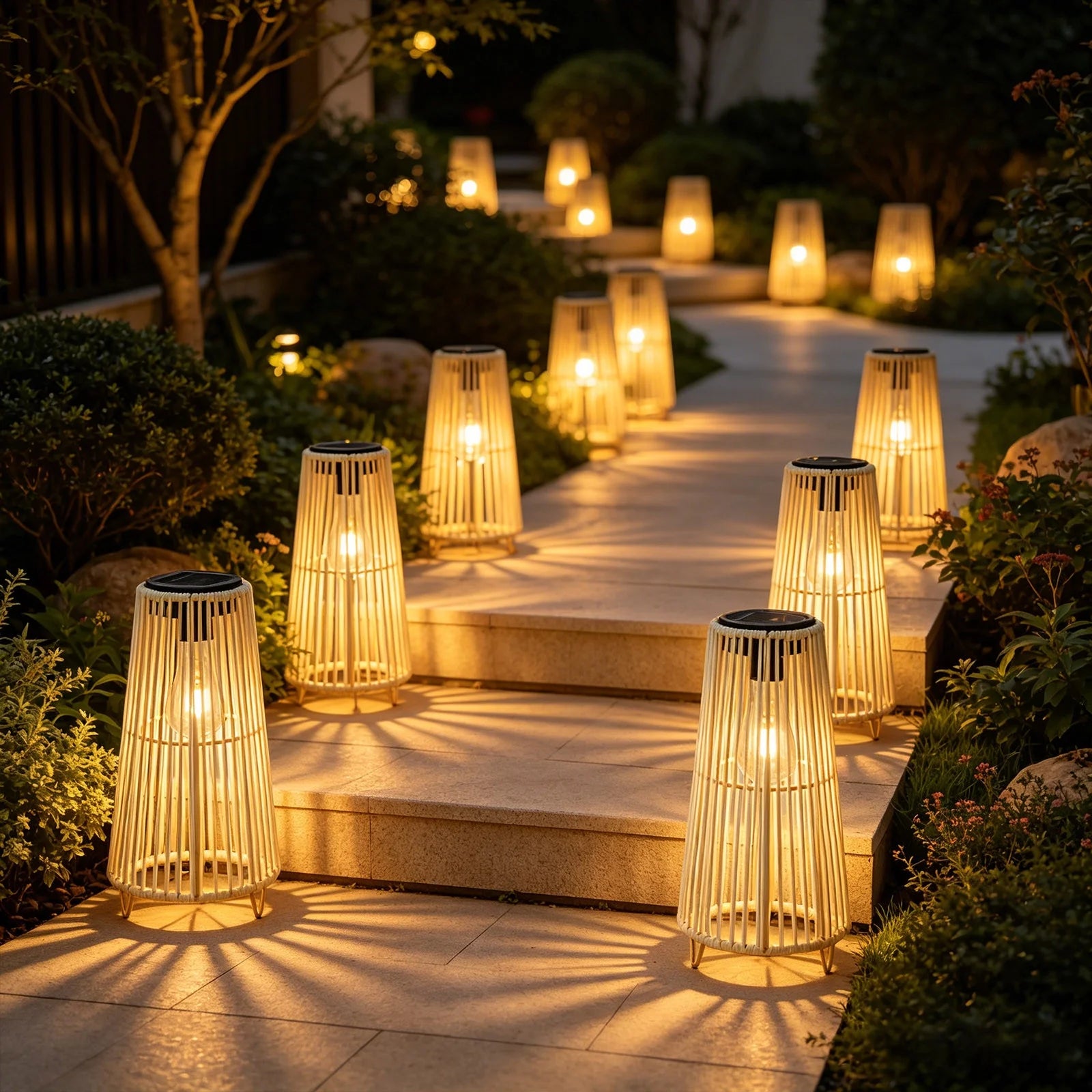 Solar Powered Outdoor Waterproof Rattan Floor Lamp, Wicker Weave Standing Light for Patio Garden, LED Ambient Lighting for Deck, Backyard, Porch
