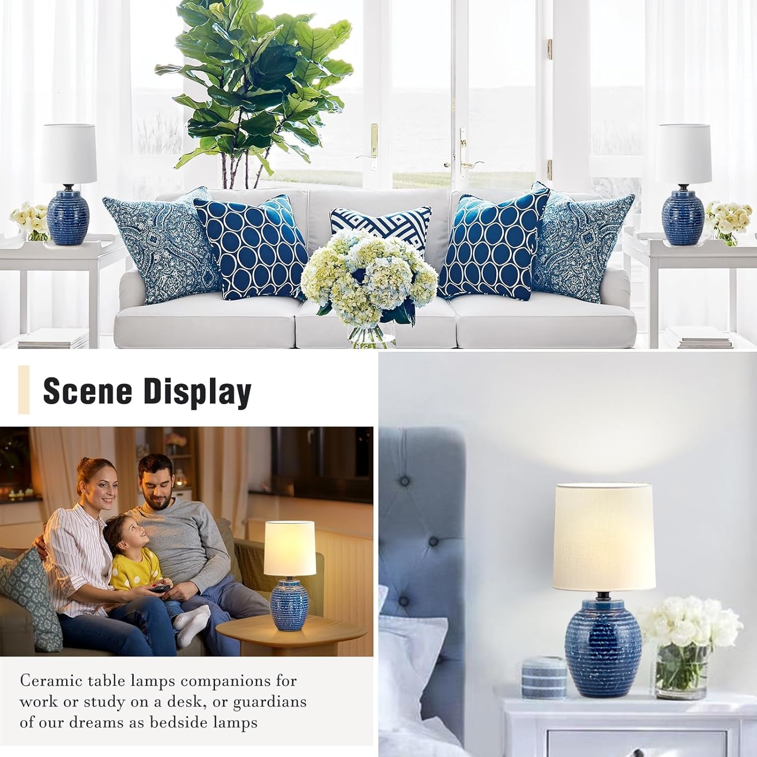 Table Lamps Set of 2-13.75" Small Bedside Lamps - Classic Farmhouse Ceramic Table Lamp for Bedroom, Living Room, Nightstand, Office, Side Desk Lamp, End Table