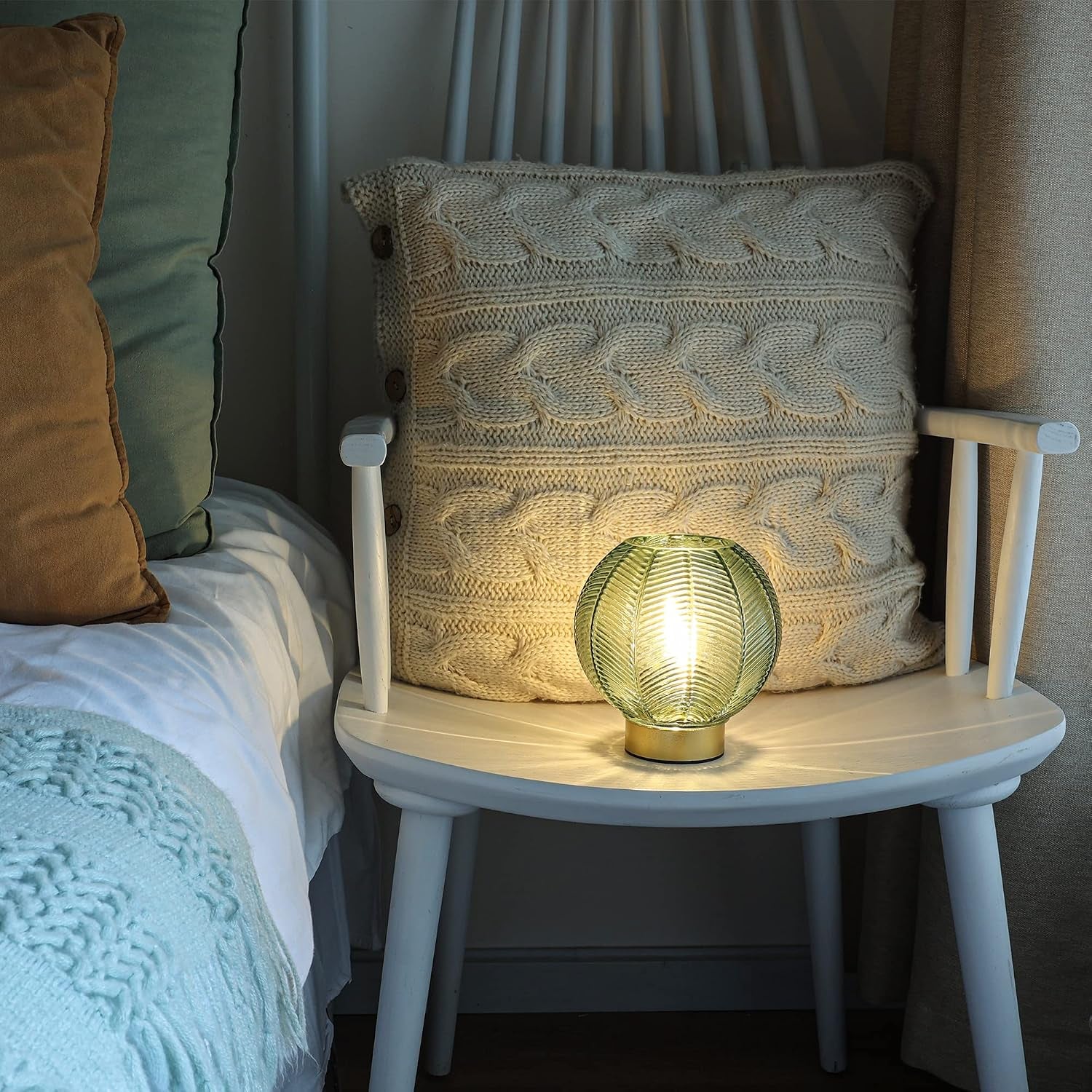 Battery Operated Lamp with Timer, Decorative Green Glass Table Lamp Cordless, Small Ambient Lamp for Bedside Bedroom Living Room Decor -Green
