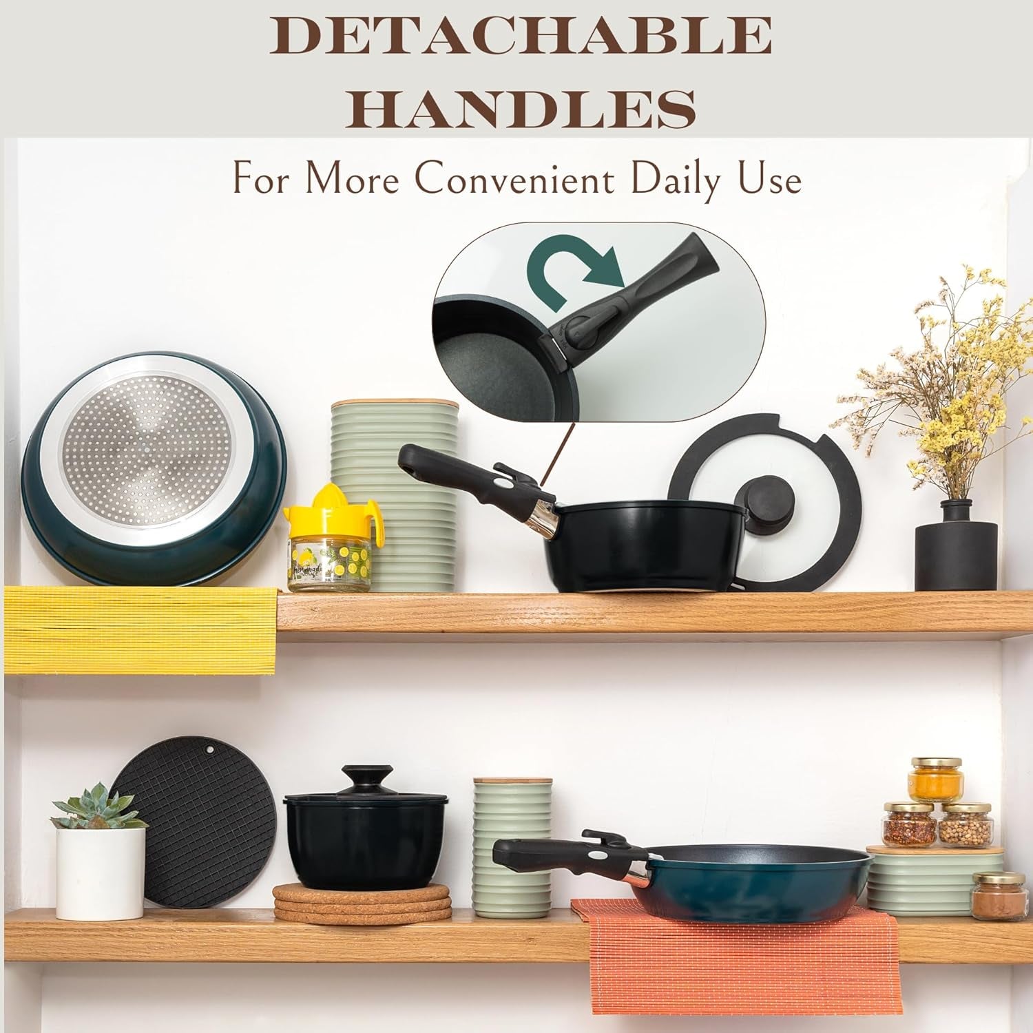 10Pcs Nonstick Cookware Pans with Removable Handles, Space Saving Pots and Pans with Removable Handles, RV Pots and Pans Set for Camping, Oven and Induction Ready