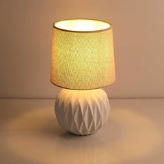 White Ceramic Table Lamp, Geometric Textured Small Bedside Lamp with Linen Shade, Mid Century Modern Nightstand Lamp for Bedroom Living Room Reading Room, H 12" X W 6.7", 7W LED Bulb Included