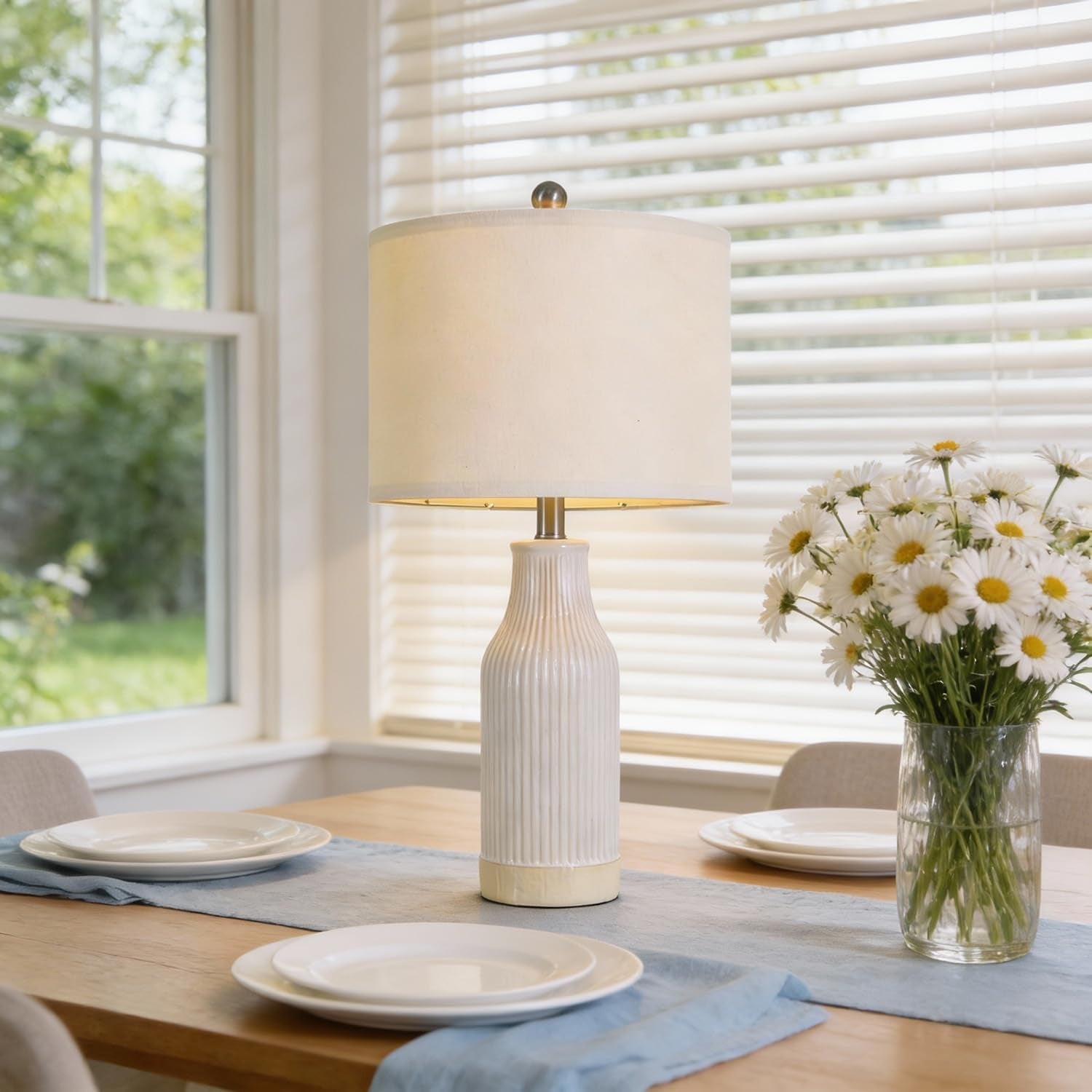 23.75" Modern Ceramic Table Lamps Set of 2, Stylish Bedside Lamps for Bedroom, Gorgeous Lamps for Nightstand, Lamps for Living Room, Farmhouse End Table Lamps, Cream Home Decor