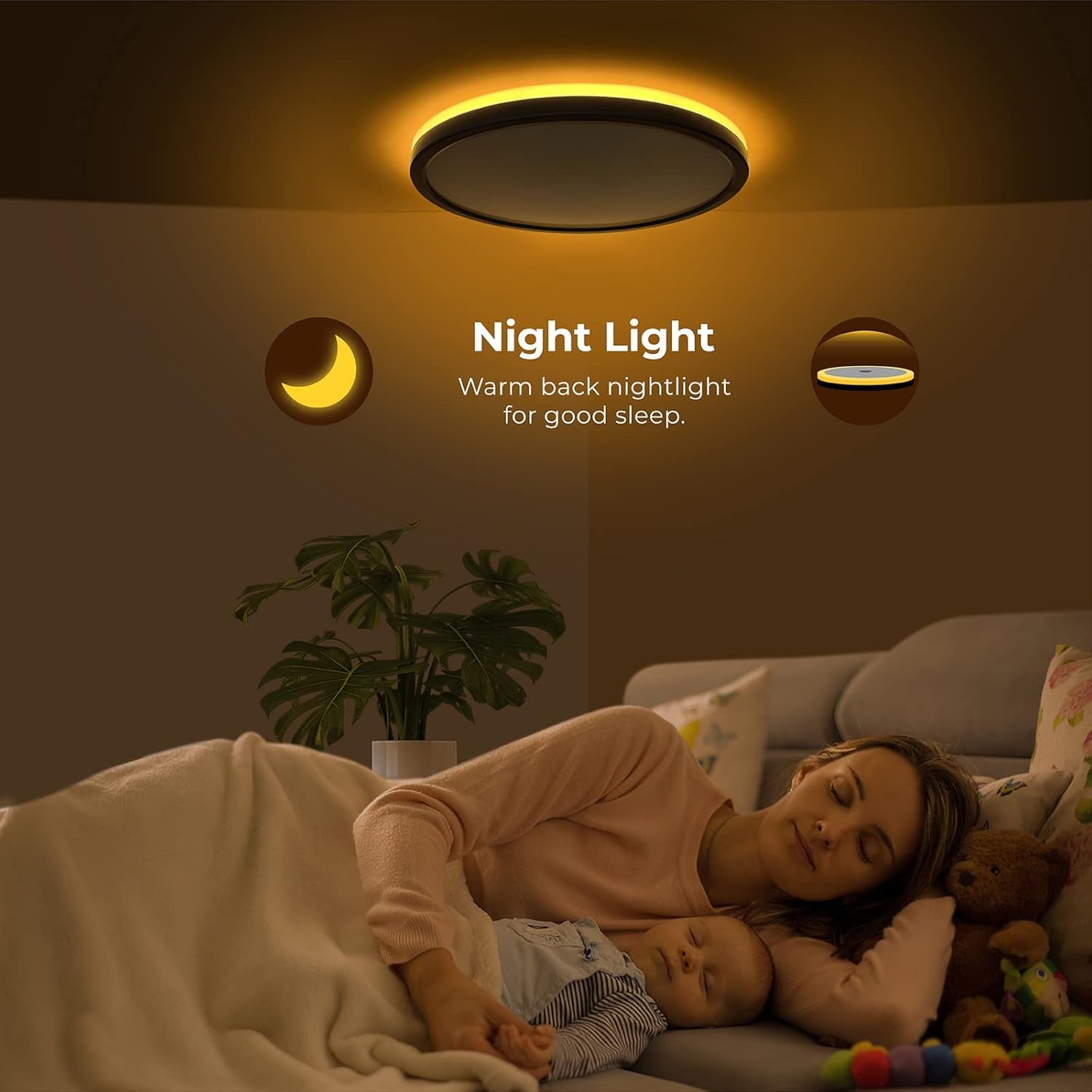 12 Inch LED Flush Mount Ceiling Light with Night Light, 2400LM Dimmable, 3000K/4000K/5000K Selectable, round Ultra-Thin Black Ceiling Light Fixture for Bedroom, Kitchen, Hallway, Closet