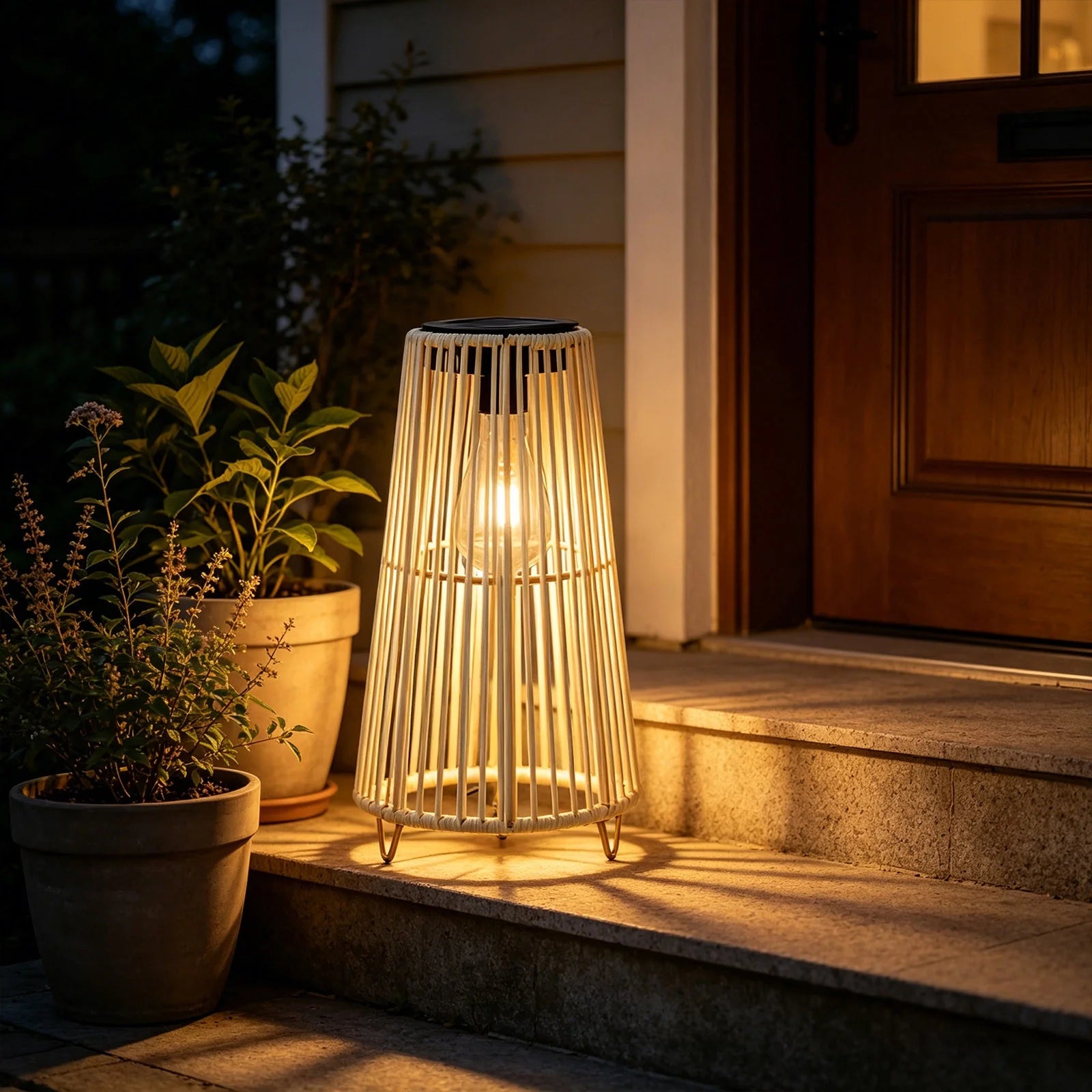 Solar Powered Outdoor Waterproof Rattan Floor Lamp, Wicker Weave Standing Light for Patio Garden, LED Ambient Lighting for Deck, Backyard, Porch