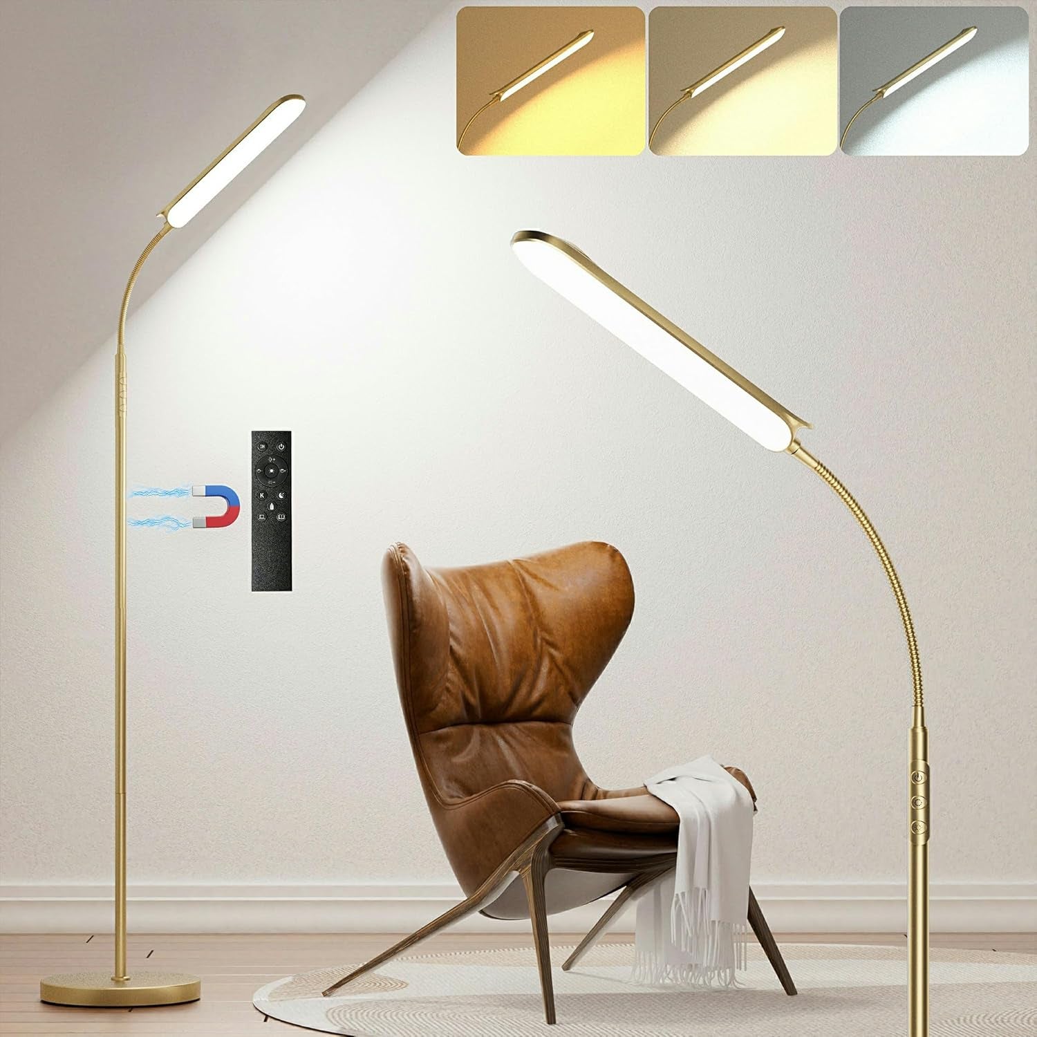 Dimmable LED Floor Lamp, Super Bright Reading Lamps Floor Standing Lamp with Remote & Touch Control, Stepless Dimming & 2700K-6500K Color Temperature, for Living Room Bedroom Office, Gold