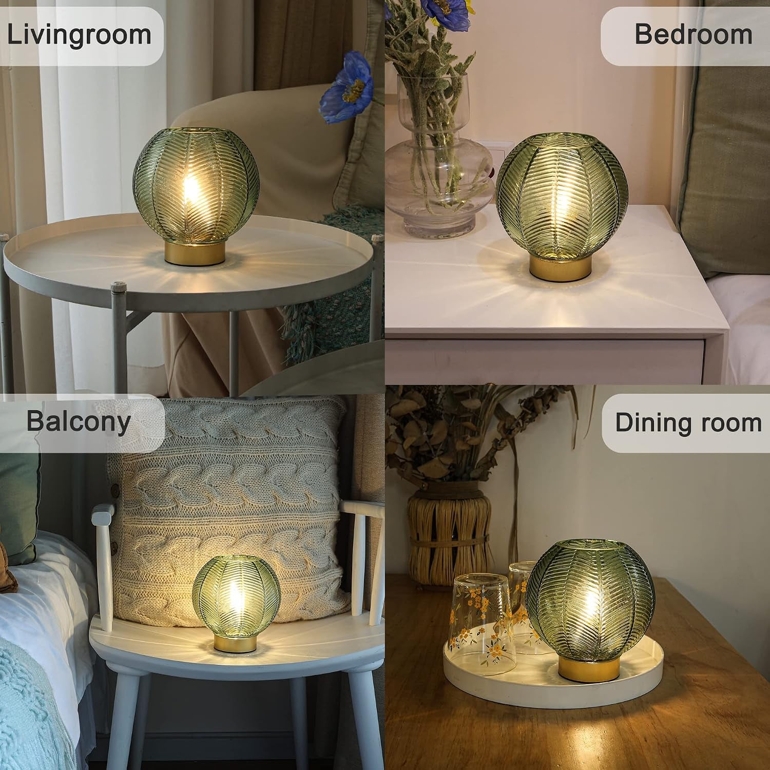 Battery Operated Lamp with Timer, Decorative Green Glass Table Lamp Cordless, Small Ambient Lamp for Bedside Bedroom Living Room Decor -Green