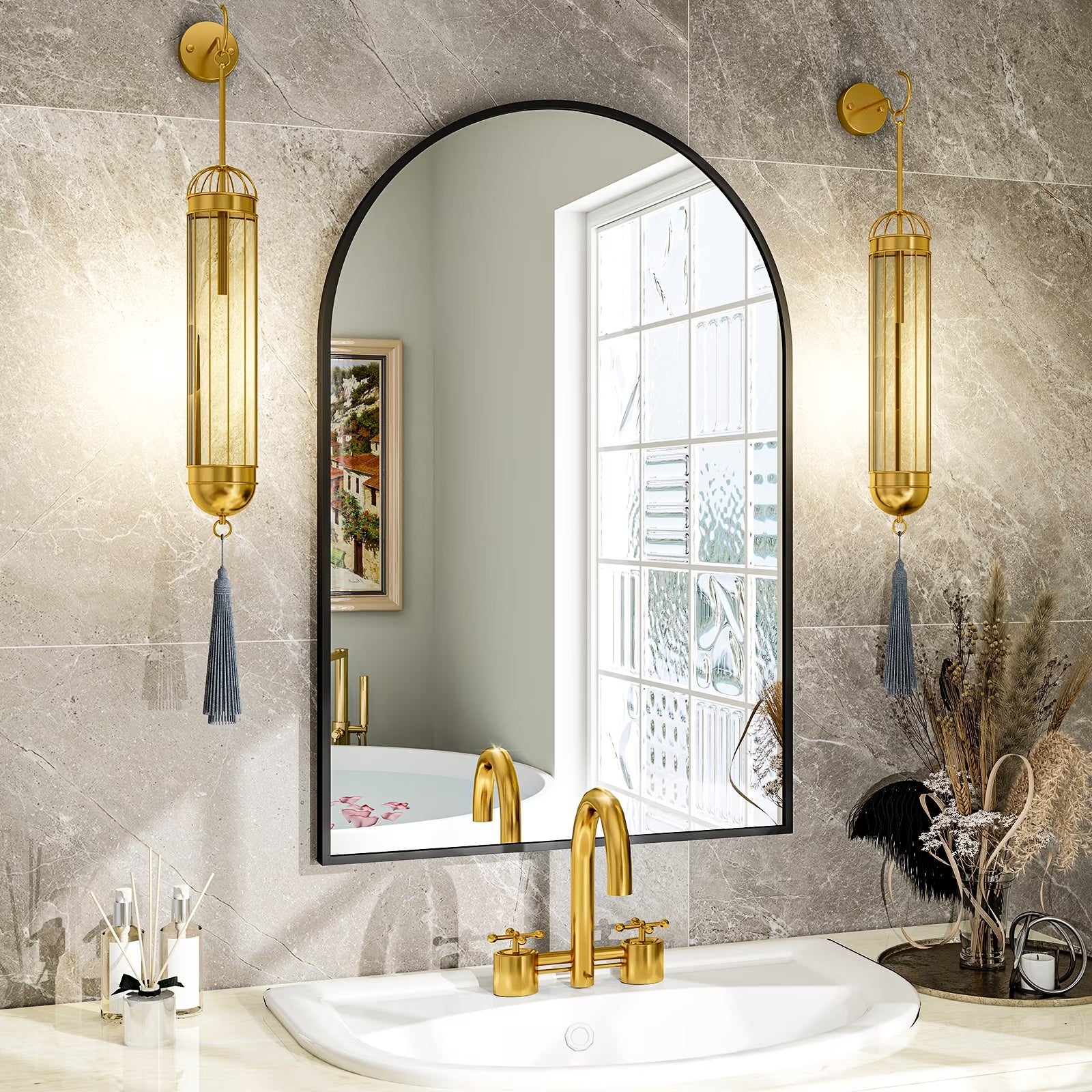 Bathroom Mirror Wall Mirror 24" X 16" Arched Vanity Mirror for Bedroom, Black