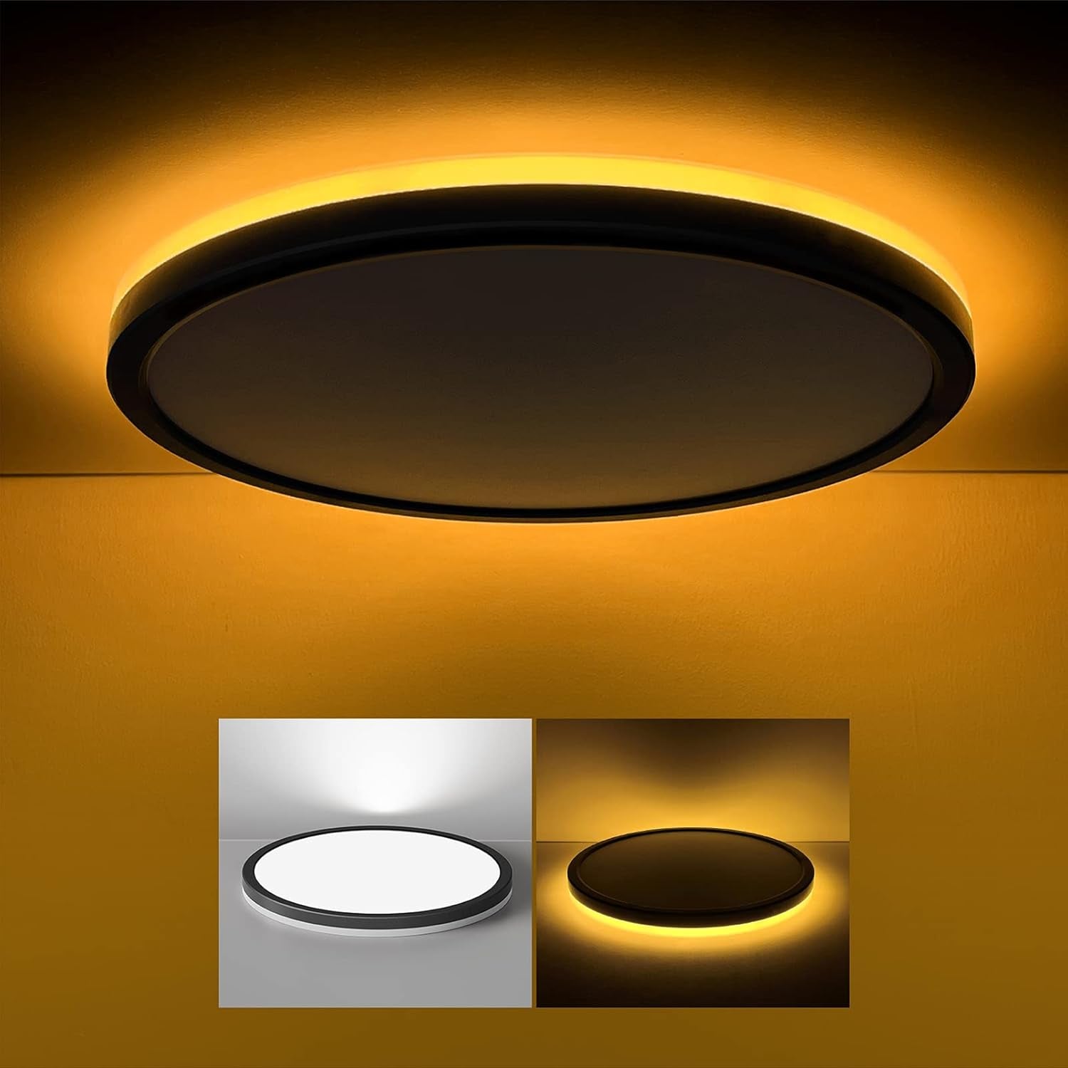 12 Inch LED Flush Mount Ceiling Light with Night Light, 2400LM Dimmable, 3000K/4000K/5000K Selectable, round Ultra-Thin Black Ceiling Light Fixture for Bedroom, Kitchen, Hallway, Closet