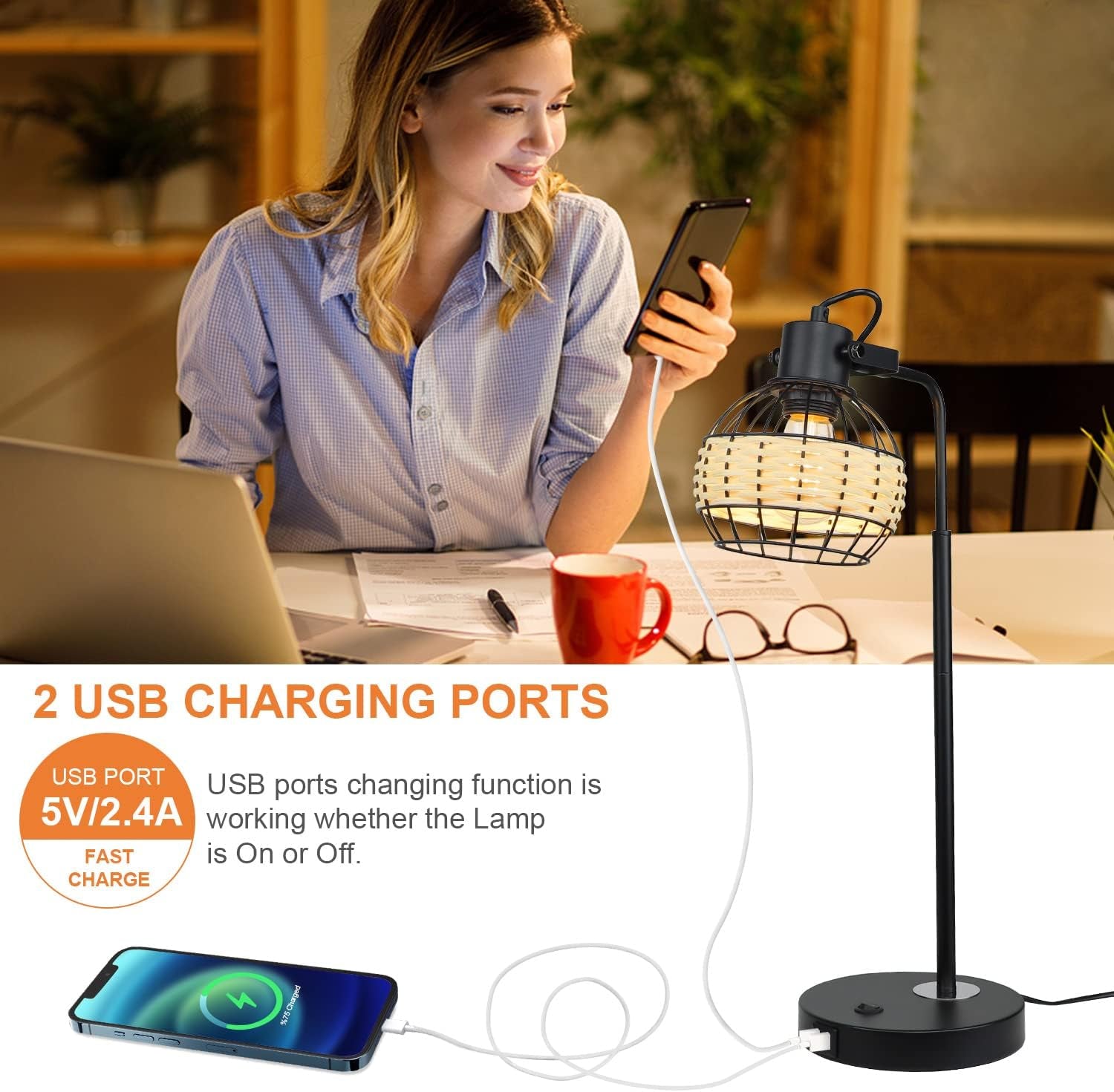 DLLT Industrial Black Table Lamp, 2 USB Ports Adjustable Head Desk Lamp, Modern Metal Nightstand Lamp with Rattan Shade, USB Bedside Lamps for Living Room Bedroom Office, E26 Bulb Included