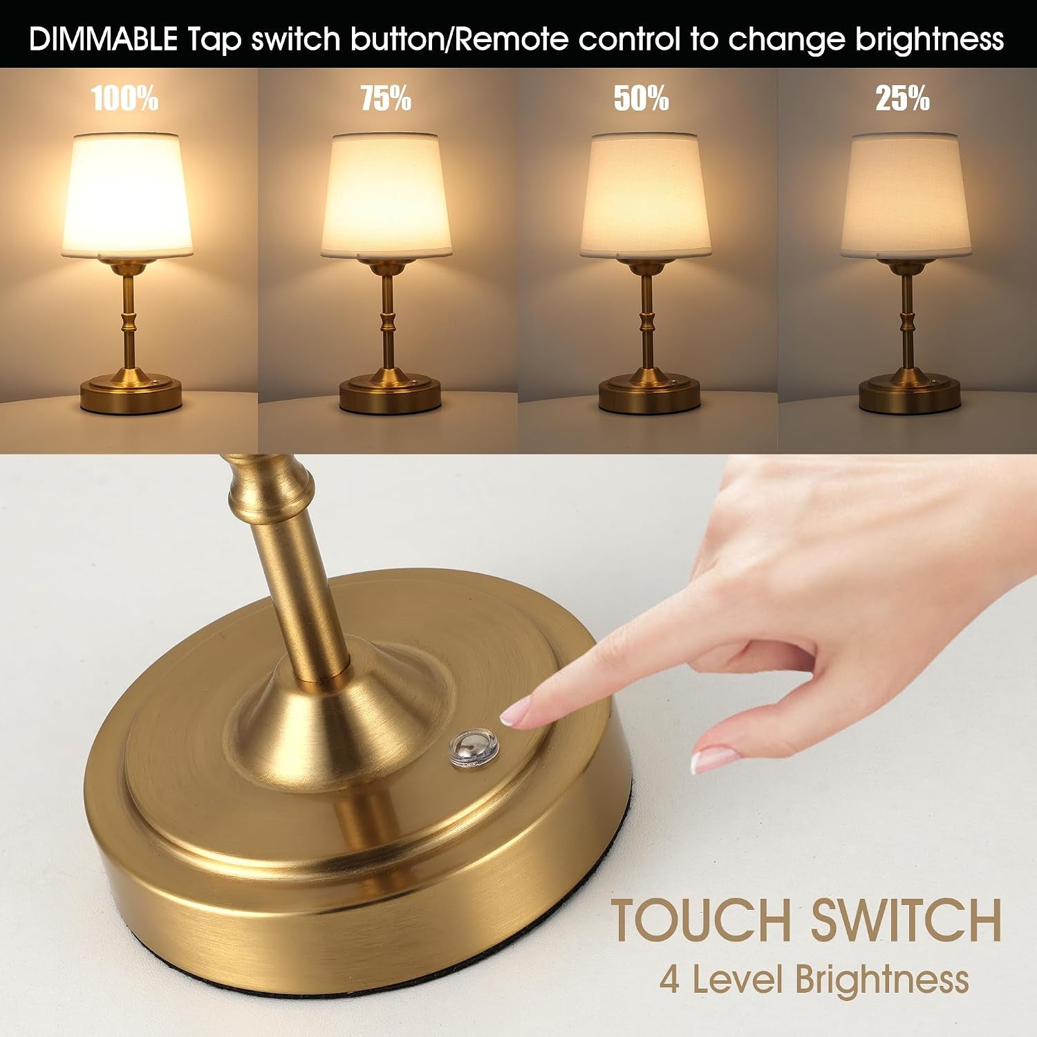 Vintage Gold Cordless Table Lamp with Remote and Touch Control, Wireless Small Led Battery Powered Rechargeable Portable Table Lamp, Dimmable 3 Color Mini Desk Lamp for Home Patio, 1Pack