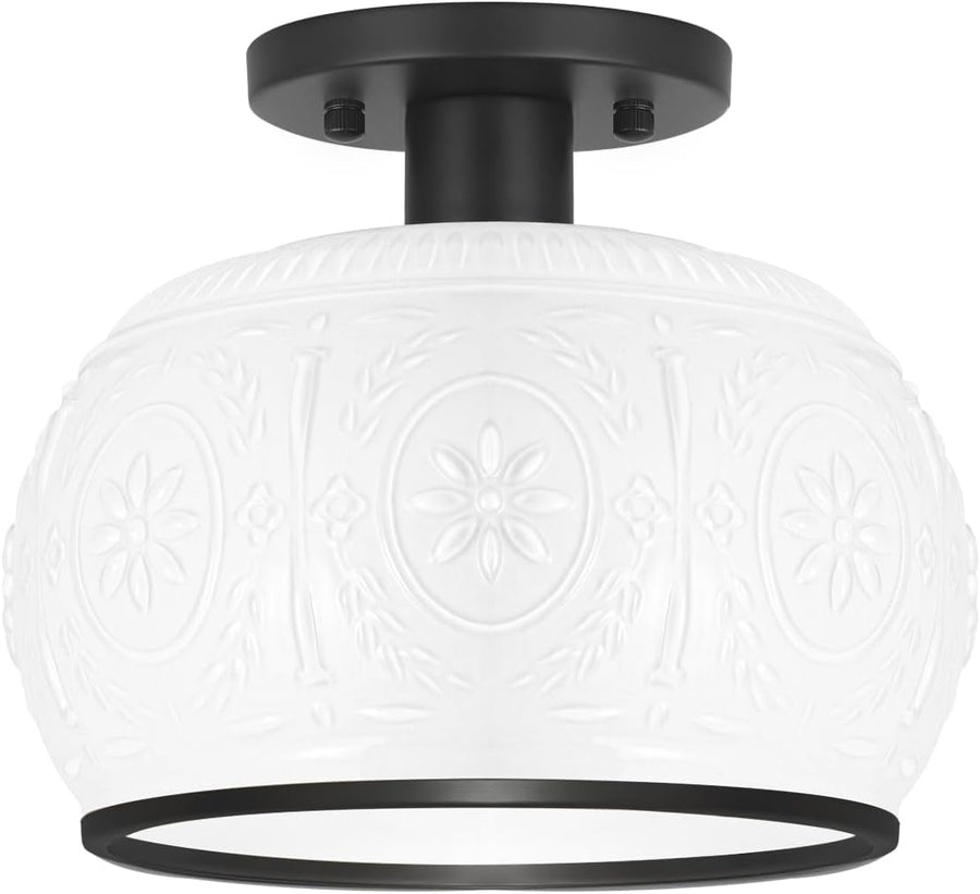 Matte Black Semi Flush Mount Ceiling Light with Milk Glass Shade, Hallway Lighting Fixtures, Vintage Ceiling Light for Kitchen, Bedroom, Closet, Entryway, Porch