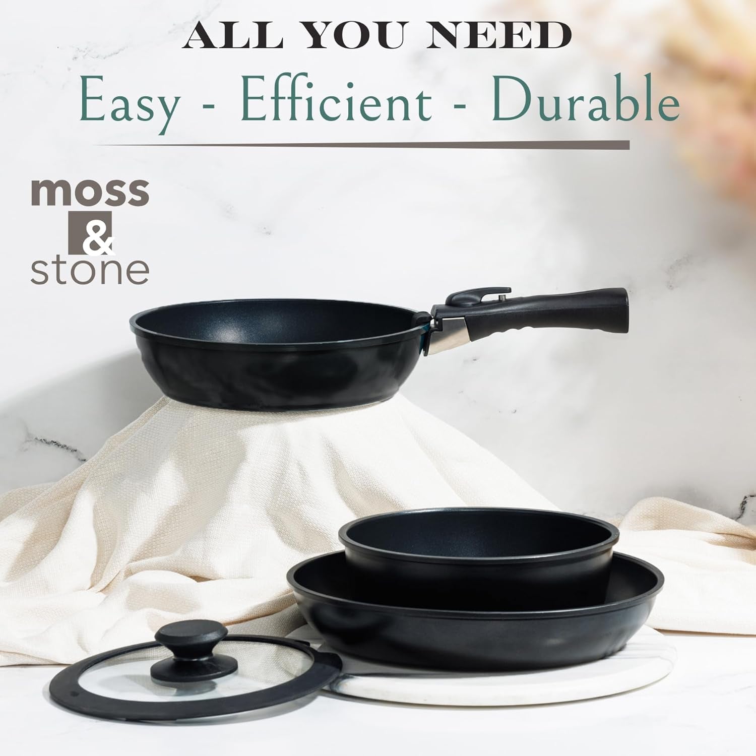 10Pcs Nonstick Cookware Pans with Removable Handles, Space Saving Pots and Pans with Removable Handles, RV Pots and Pans Set for Camping, Oven and Induction Ready