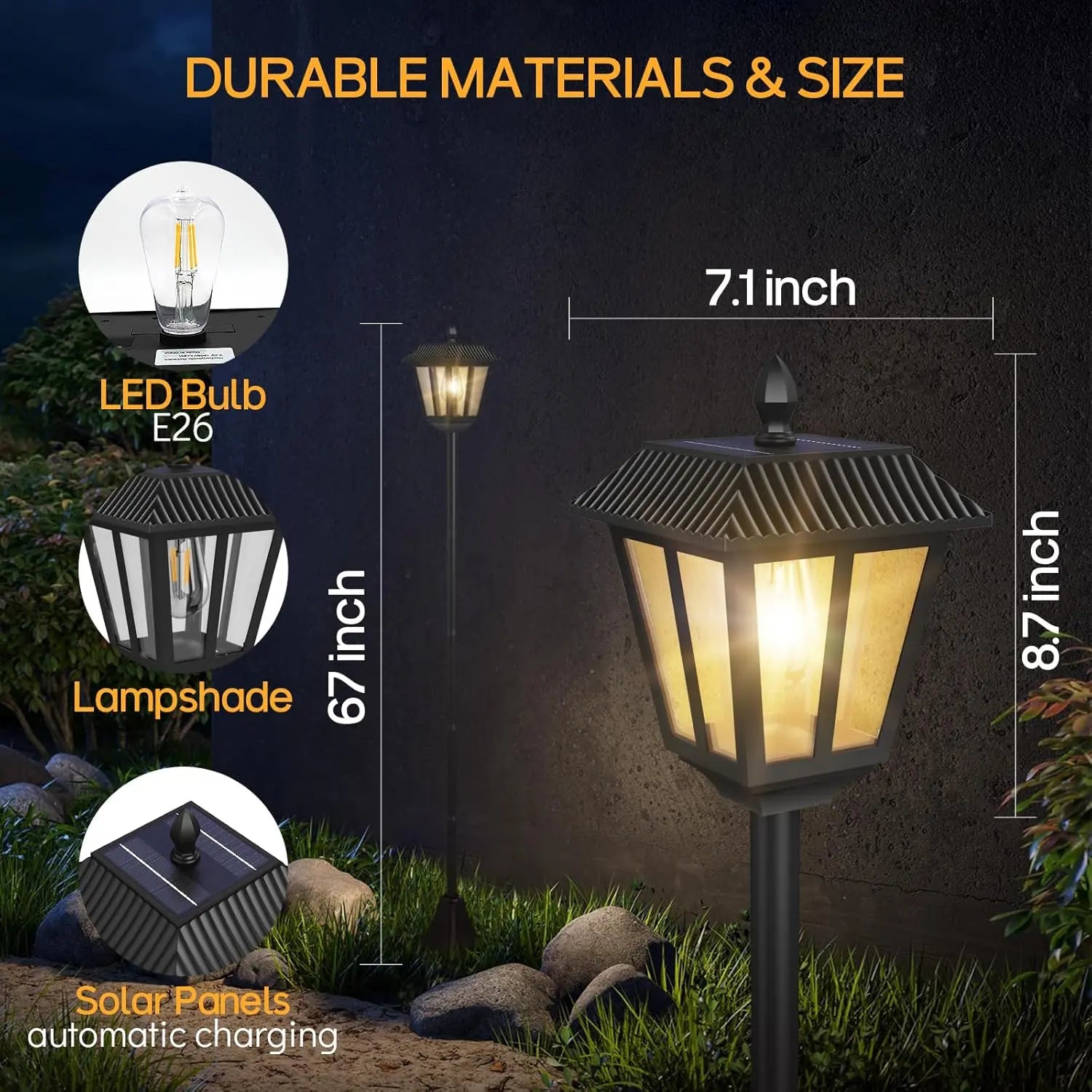 2 Pack 67" Solar Lamp Lights, 3000K Outdoor Solar Light , Pole Light Outdoor Decorative Floor Lamp for Patio, Garden, Backyard, Pathway, Front/ Door