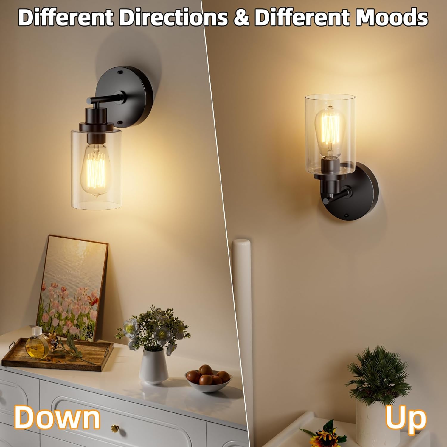 1-Light Bathroom Wall Sconce, Matte Black Vanity Light, Modern Wall Light Fixture with Clear Glass Shade and E26 Bulb Base, Wall Lamp Wall Mount Light Fixtures for Mirror, Bedroom, Hallway