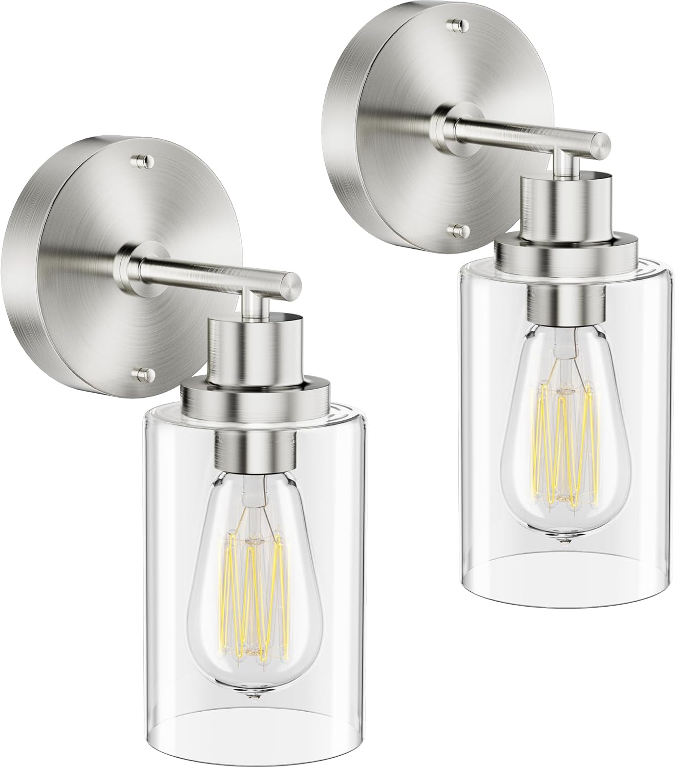 Set of 2 Bathroom Wall Sconce, Brushed Nickel Vanity Light, Modern Wall Light Fixture with Clear Glass Shade and E26 Bulb Base, Wall Lamp Wall Mount Light Fixtures for Mirror, Bedroom