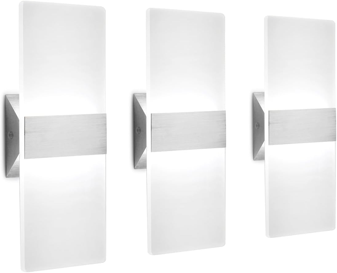 LED Wall Sconce Modern Wall Light Lamps 12W Cool White 6000K up and down Indoor Acrylic Lighting Fixture for Living Room Bedroom Hallway Conservatory Home Room Decor Not Dimmable No Plug(3 Pack)