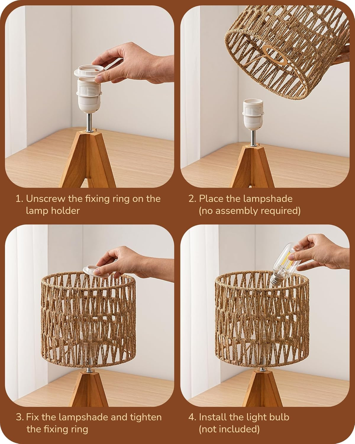 Small Table Lamp, Rattan Wood Tripod Bedside Lamp, Boho Nightstand Lamp for Living Room, End Table, Office, E26 Base, Natural Style