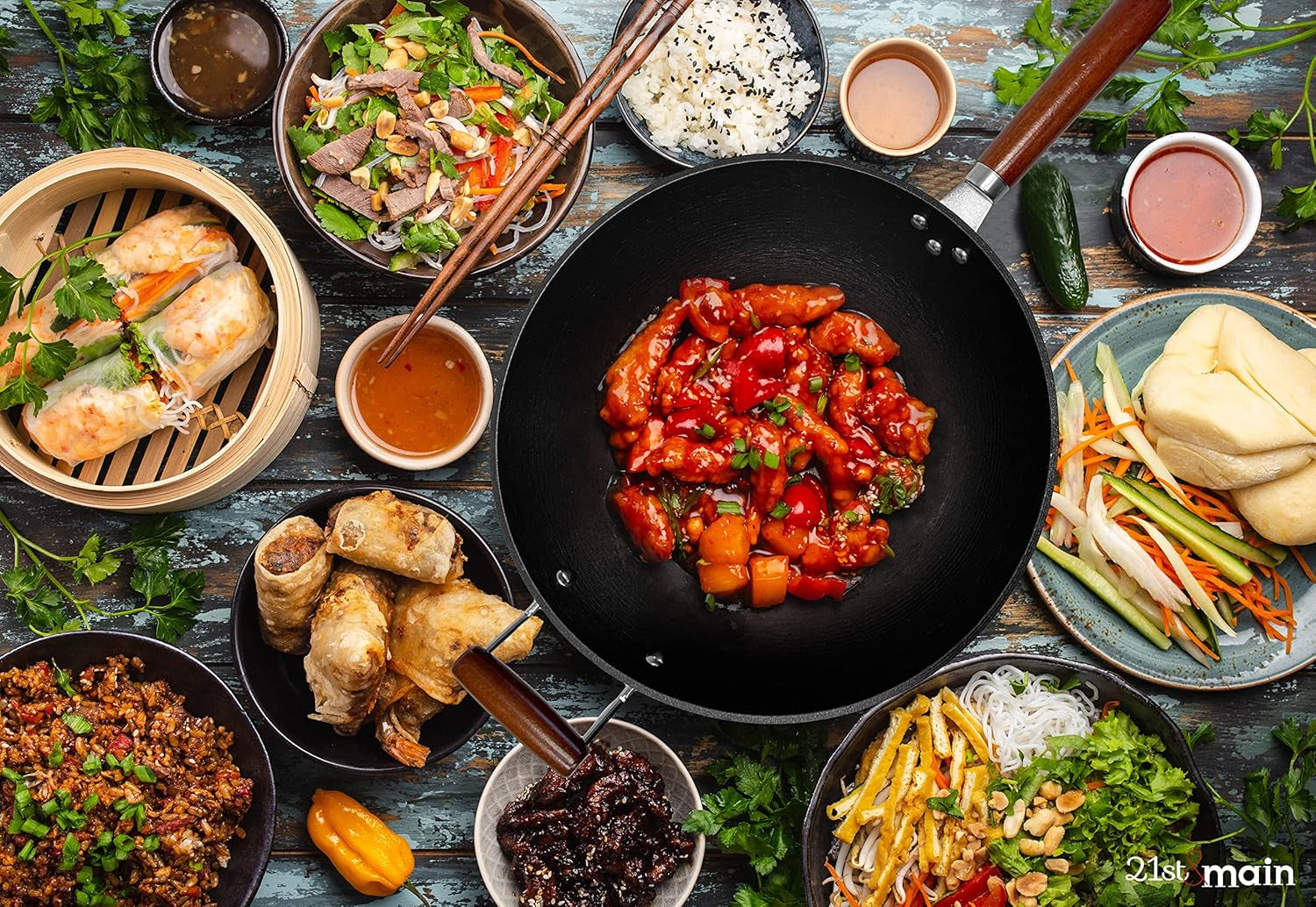 Light Weight Cast Iron Wok, Stir Fry Pan, Wooden Handle, 14 Inch, Chef’S Pan, Pre-Seasoned Nonstick, Commercial and Household, for Chinese Japanese and Others Cooking