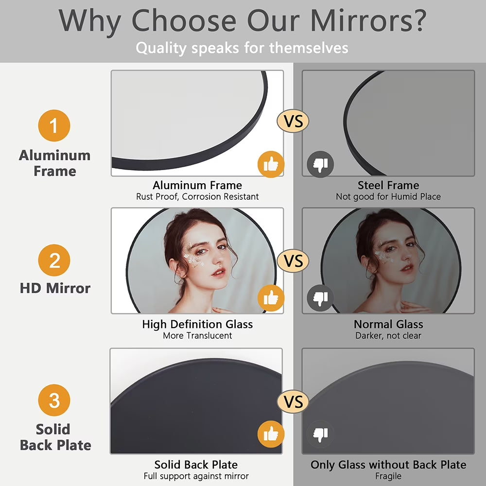 20" Wall Mirror round Vanity Mirror Aluminium Framed Circle Bathroom Mirror Modern Wall Mirror, Black