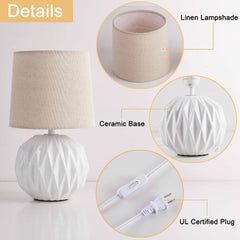 White Ceramic Table Lamp, Geometric Textured Small Bedside Lamp with Linen Shade, Mid Century Modern Nightstand Lamp for Bedroom Living Room Reading Room, H 12" X W 6.7", 7W LED Bulb Included