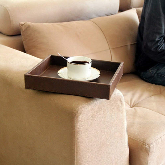 Decorative Vanity Tray, Desktop Storage Organizer, Catchall Tray, Valet Tray, Nightstand or Dresser Organizer, PU Faux Leather Bathroom Tray, Brown, 10.2 X 8.4 X 1.8 Inches