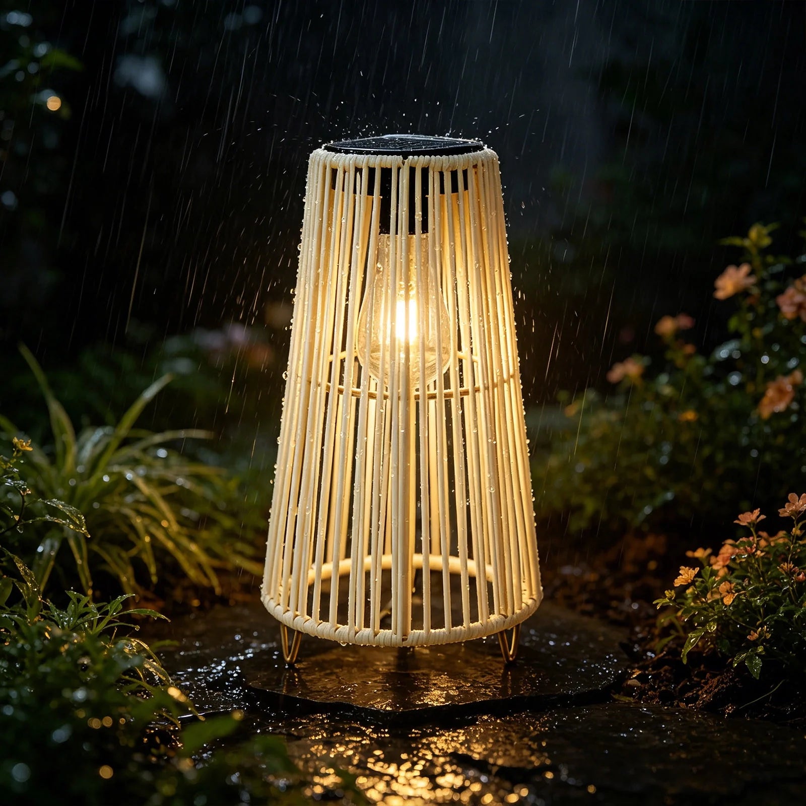 Solar Powered Outdoor Waterproof Rattan Floor Lamp, Wicker Weave Standing Light for Patio Garden, LED Ambient Lighting for Deck, Backyard, Porch