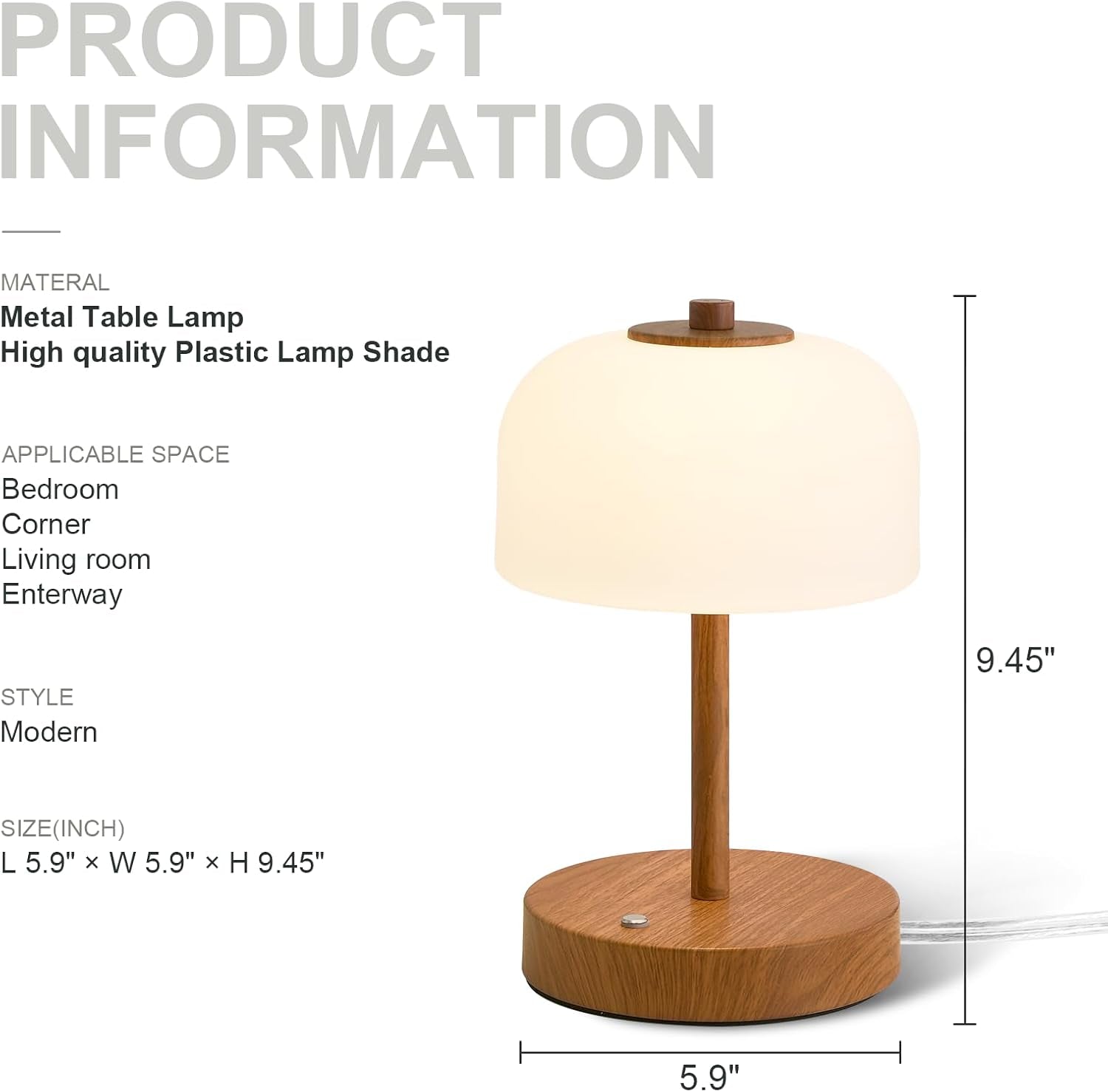 9.5" Corded Touch Control Table Lamp with USB A+C Charging Ports, Wood Grain Dimmable LED Bedside Lamp with 3 Color Temperatures, Small Modern Table Lamps for Bedroom Nightstand Living Room