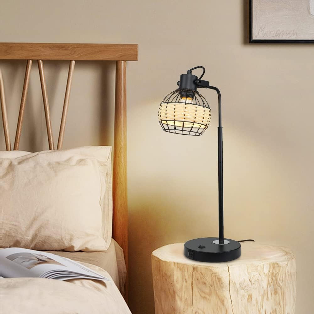 DLLT Industrial Black Table Lamp, 2 USB Ports Adjustable Head Desk Lamp, Modern Metal Nightstand Lamp with Rattan Shade, USB Bedside Lamps for Living Room Bedroom Office, E26 Bulb Included
