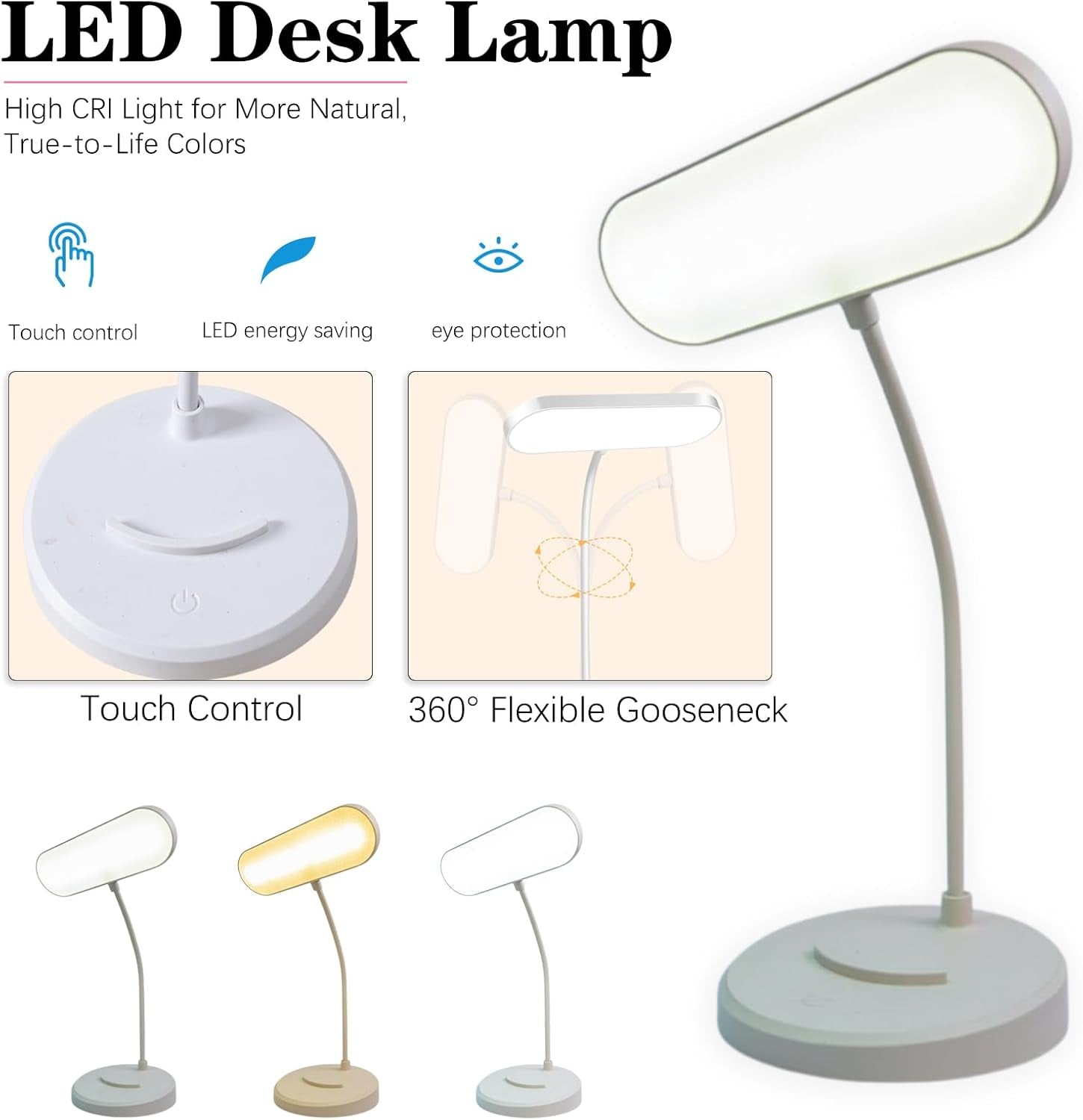 Desk Lamp, Eye-Caring LED for Students, Touch Dimmable, 3 Color Modes, USB-C Rechargeable, Flexible Gooseneck with Phone Holder, Study & Reading Lamp for Dorm/Office/Home
