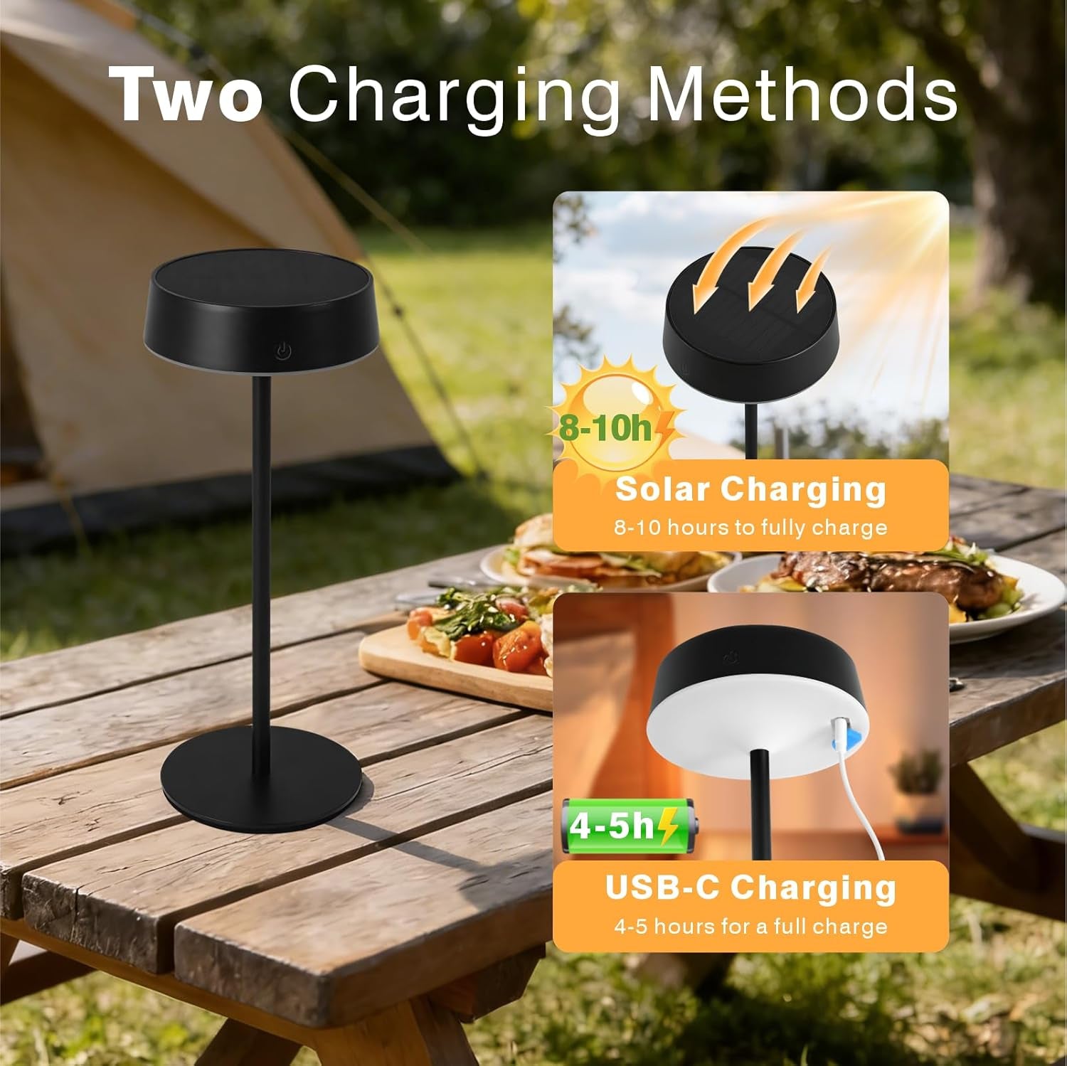 Solar Outdoor Table Lamp Waterproof, Cordless Rechargeable Solar Lamp for Patio, 3 Color Dimmable Solar Light for Garden, Camping & Balcony, Black