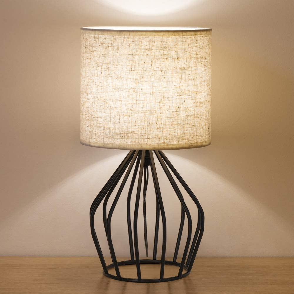 Black Modern Table Lamp - Minimalist Small Bedside Lamp with Hollowed Out Base Linen Fabric Shade, Vintage Nightstand Lamp for Bedroom Living Room Side Table Desk Kids Room
