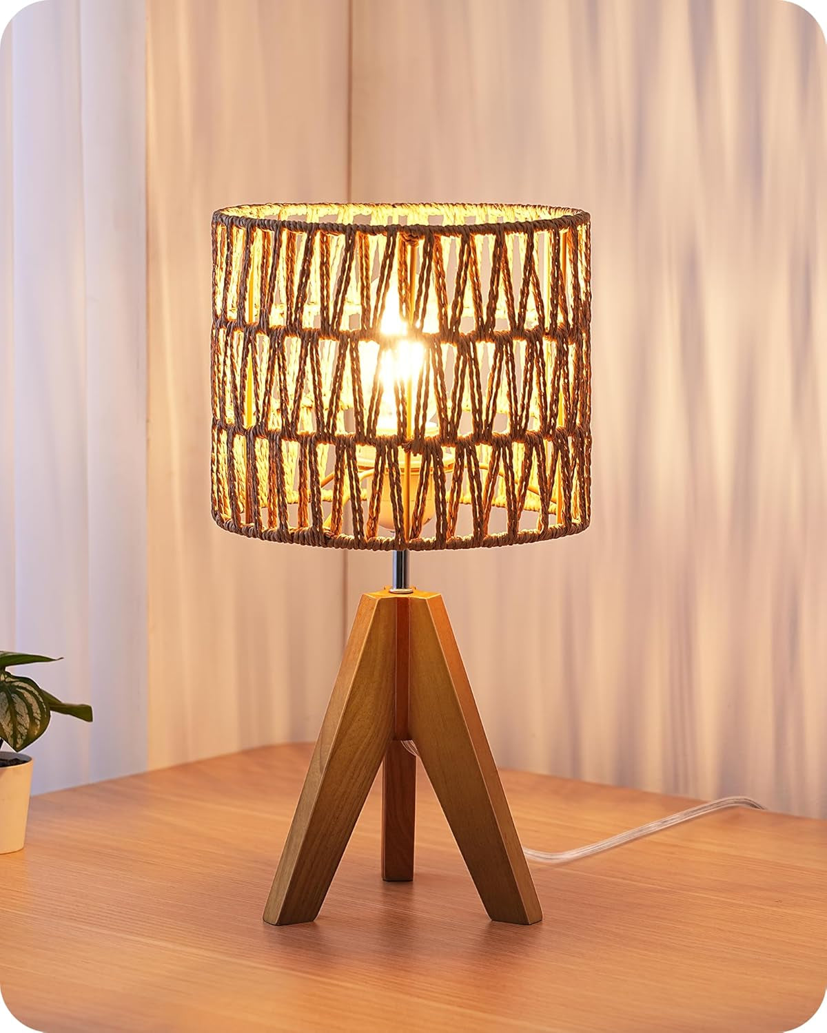 Small Table Lamp, Rattan Wood Tripod Bedside Lamp, Boho Nightstand Lamp for Living Room, End Table, Office, E26 Base, Natural Style