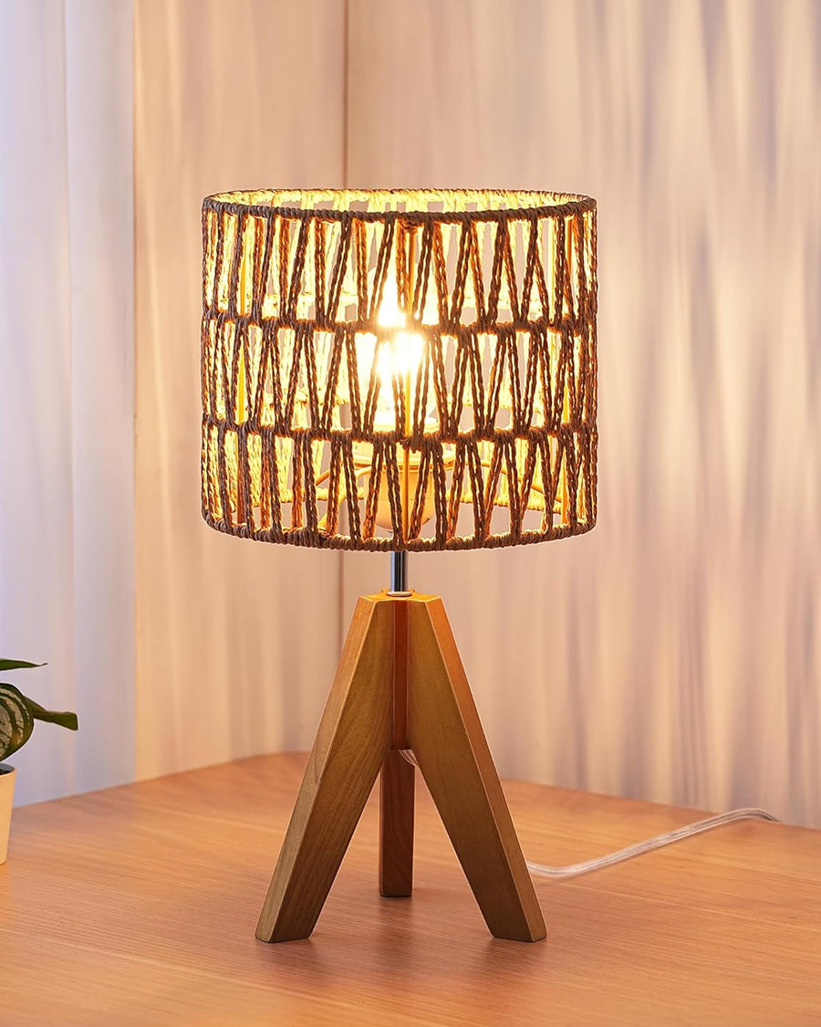 Small Table Lamp, Rattan Wood Tripod Bedside Lamp, Boho Nightstand Lamp for Living Room, End Table, Office, E26 Base, Natural Style