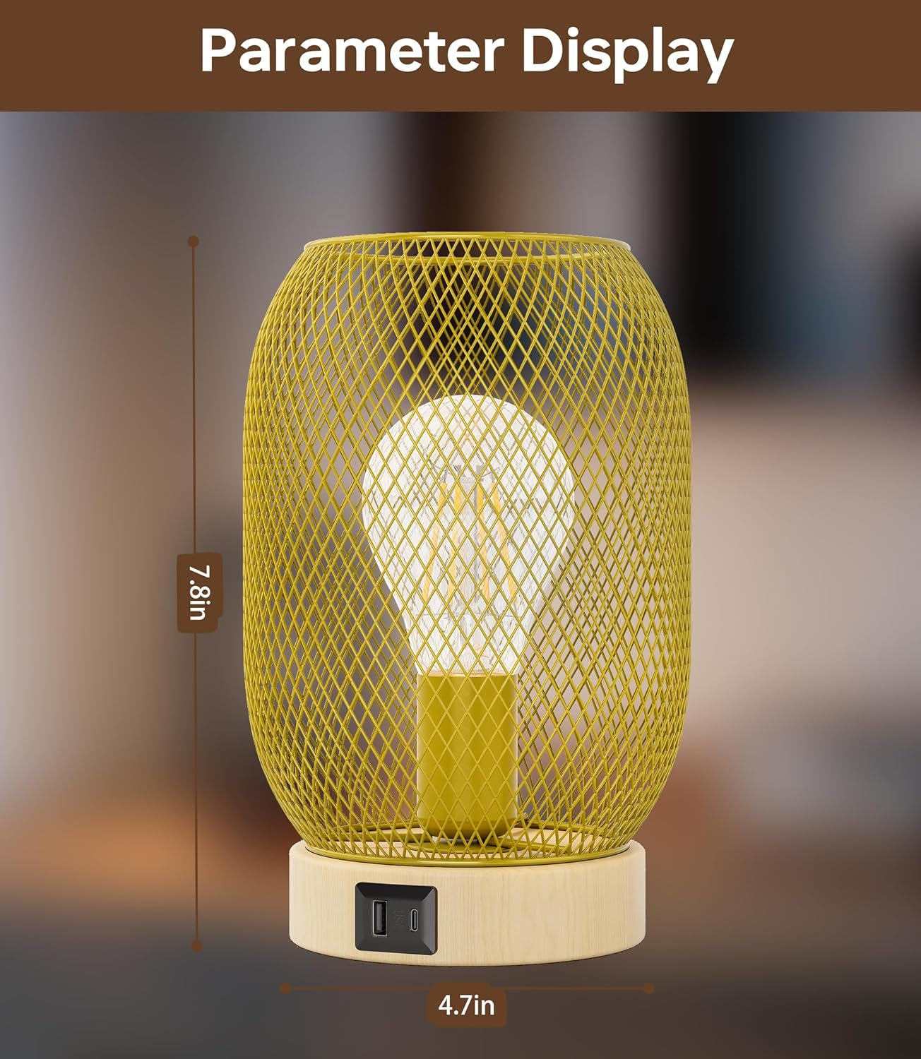 Retro Iron Mesh Table Lamp,Bedside Lamp with Touch Control 3-Color Lighting,Desk Lamp for Wood Grain Base with Dual Usb/Type-C Charging Ports,Lamp for Bedroom, Dining Table, Kitchen,Nightstand Decor