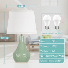 Modern Green Table Lamps Set of 2 - Bedside Lamps for Night Stands, 19.4" Bedroom Lamps for Living Room Sage Green Lamps with Rocker Switch