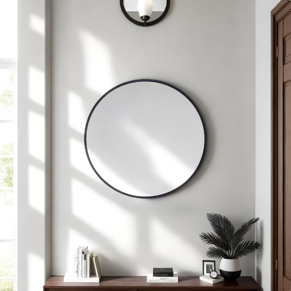 20" Wall Mirror round Vanity Mirror Aluminium Framed Circle Bathroom Mirror Modern Wall Mirror, Black