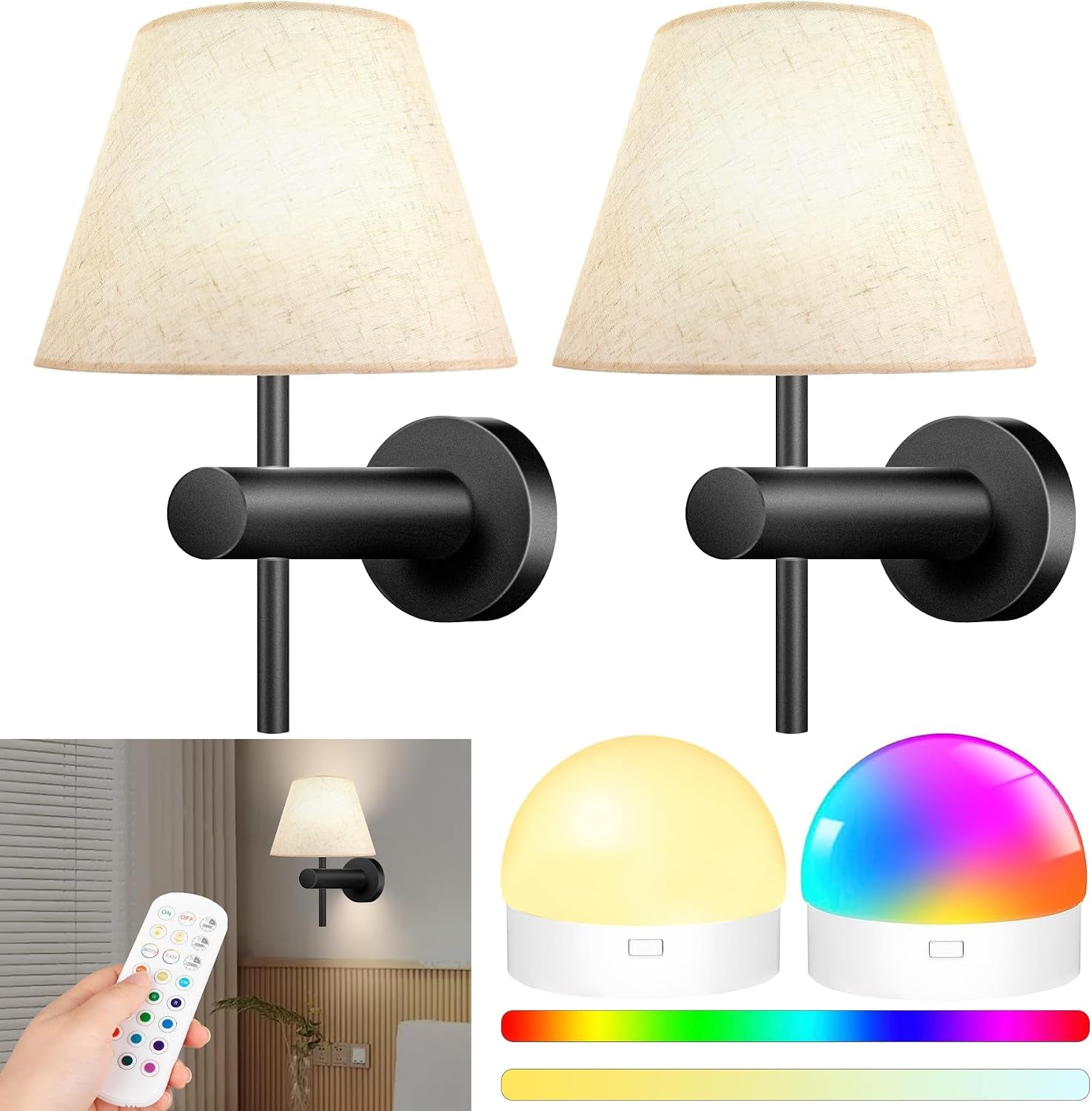 10000Mah Battery Operated Wall Sconces Set of Two with Remote, RGB Wireless Rechargeable Battery Powered Wall Light Black Wall Lamp, Night Light Magnetic Bulbs for Bedroom, Living Room