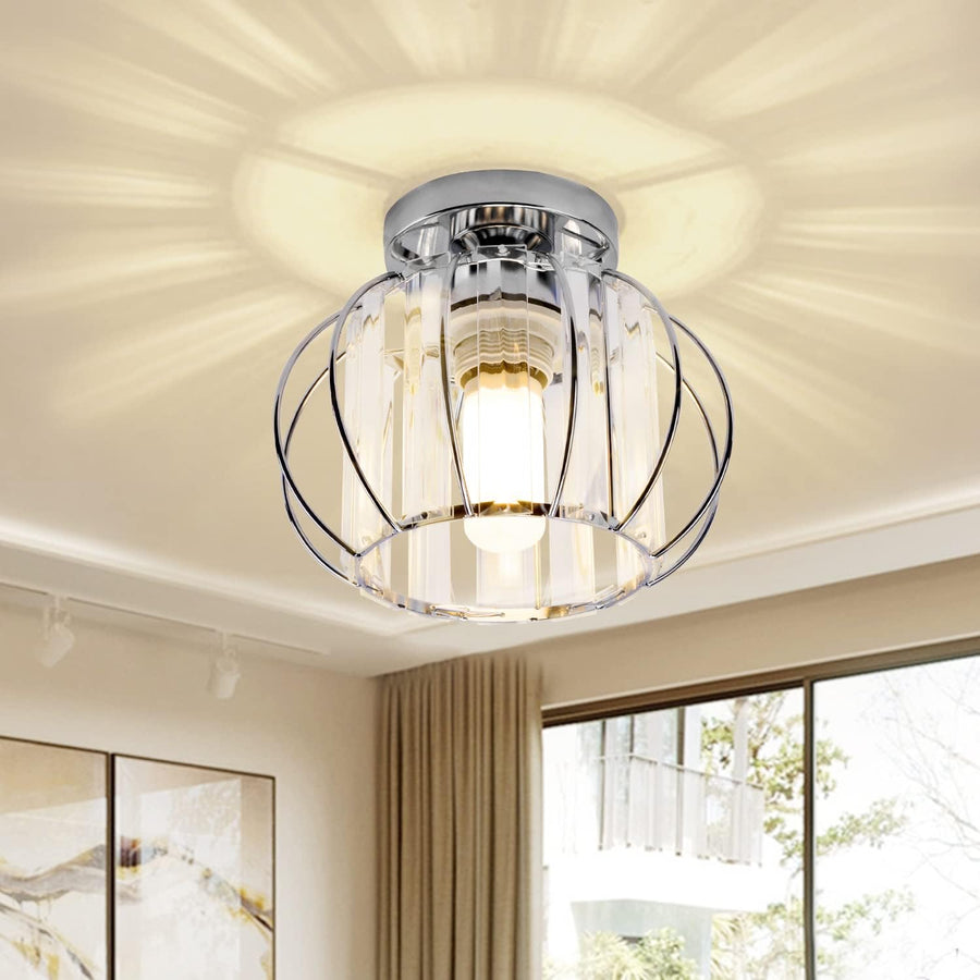 Modern Semi Flush Mount Ceiling Light Fixture, Mini Crystal Chandelier Light, Chrome Small Ceiling Lamp Indoor Lighting for Entryway Bedroom Bathroom Hallway Closet Foyer Living Room