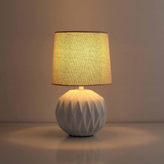 White Ceramic Table Lamp, Geometric Textured Small Bedside Lamp with Linen Shade, Mid Century Modern Nightstand Lamp for Bedroom Living Room Reading Room, H 12" X W 6.7", 7W LED Bulb Included