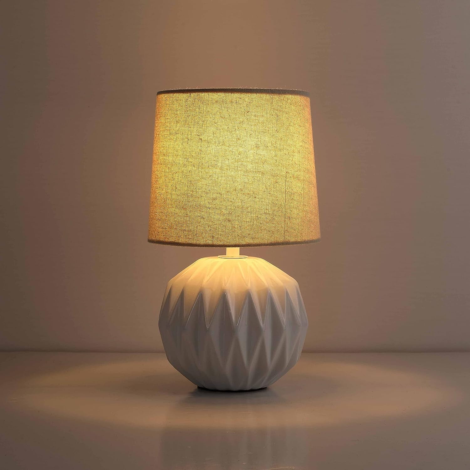 White Ceramic Table Lamp, Geometric Textured Small Bedside Lamp with Linen Shade, Mid Century Modern Nightstand Lamp for Bedroom Living Room Reading Room, H 12" X W 6.7", 7W LED Bulb Included