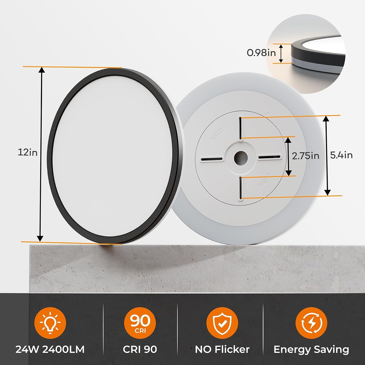 12 Inch LED Flush Mount Ceiling Light with Night Light, 2400LM Dimmable, 3000K/4000K/5000K Selectable, round Ultra-Thin Black Ceiling Light Fixture for Bedroom, Kitchen, Hallway, Closet