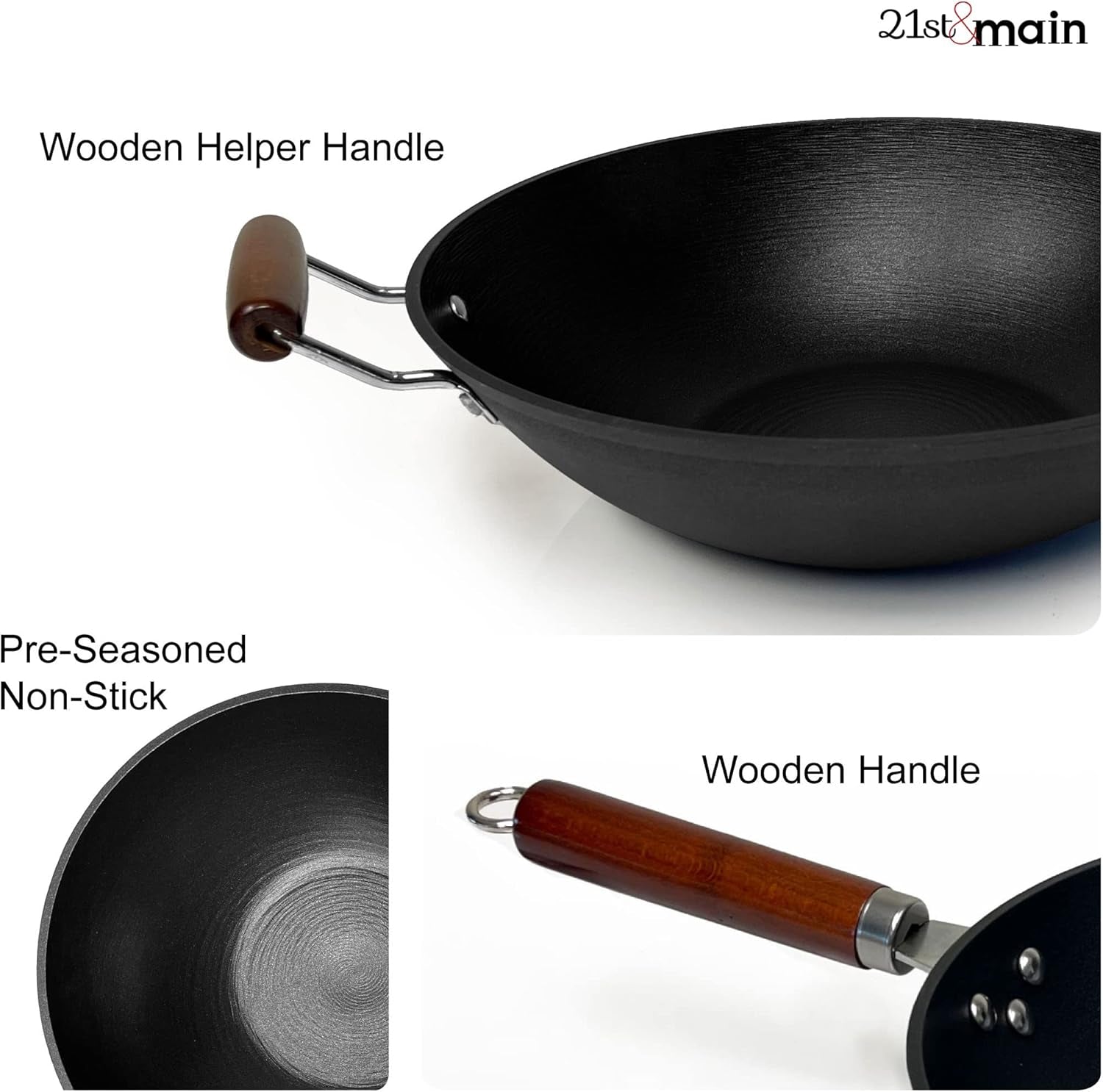Light Weight Cast Iron Wok, Stir Fry Pan, Wooden Handle, 14 Inch, Chef’S Pan, Pre-Seasoned Nonstick, Commercial and Household, for Chinese Japanese and Others Cooking