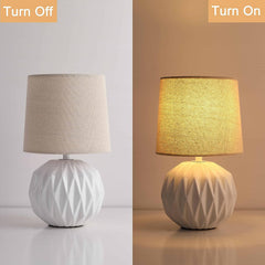 White Ceramic Table Lamp, Geometric Textured Small Bedside Lamp with Linen Shade, Mid Century Modern Nightstand Lamp for Bedroom Living Room Reading Room, H 12" X W 6.7", 7W LED Bulb Included
