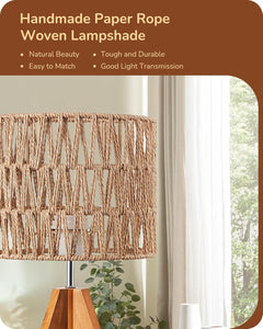Small Table Lamp, Rattan Wood Tripod Bedside Lamp, Boho Nightstand Lamp for Living Room, End Table, Office, E26 Base, Natural Style
