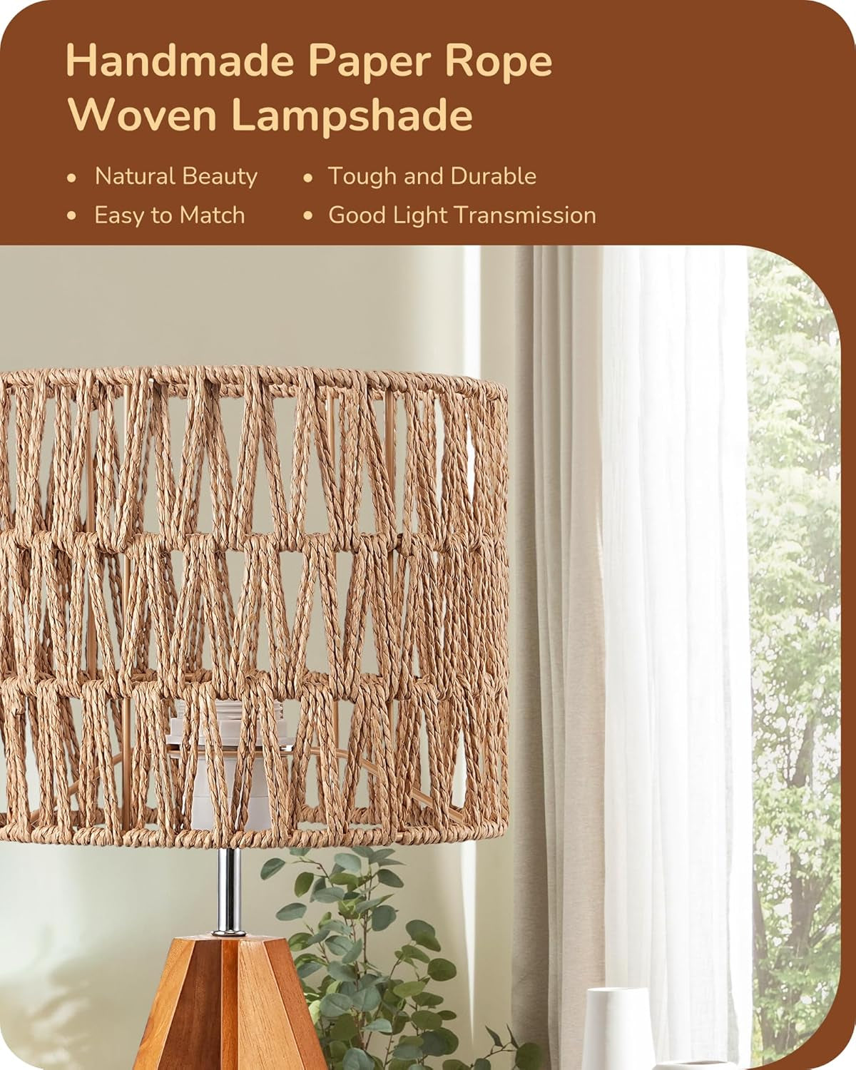 Small Table Lamp, Rattan Wood Tripod Bedside Lamp, Boho Nightstand Lamp for Living Room, End Table, Office, E26 Base, Natural Style